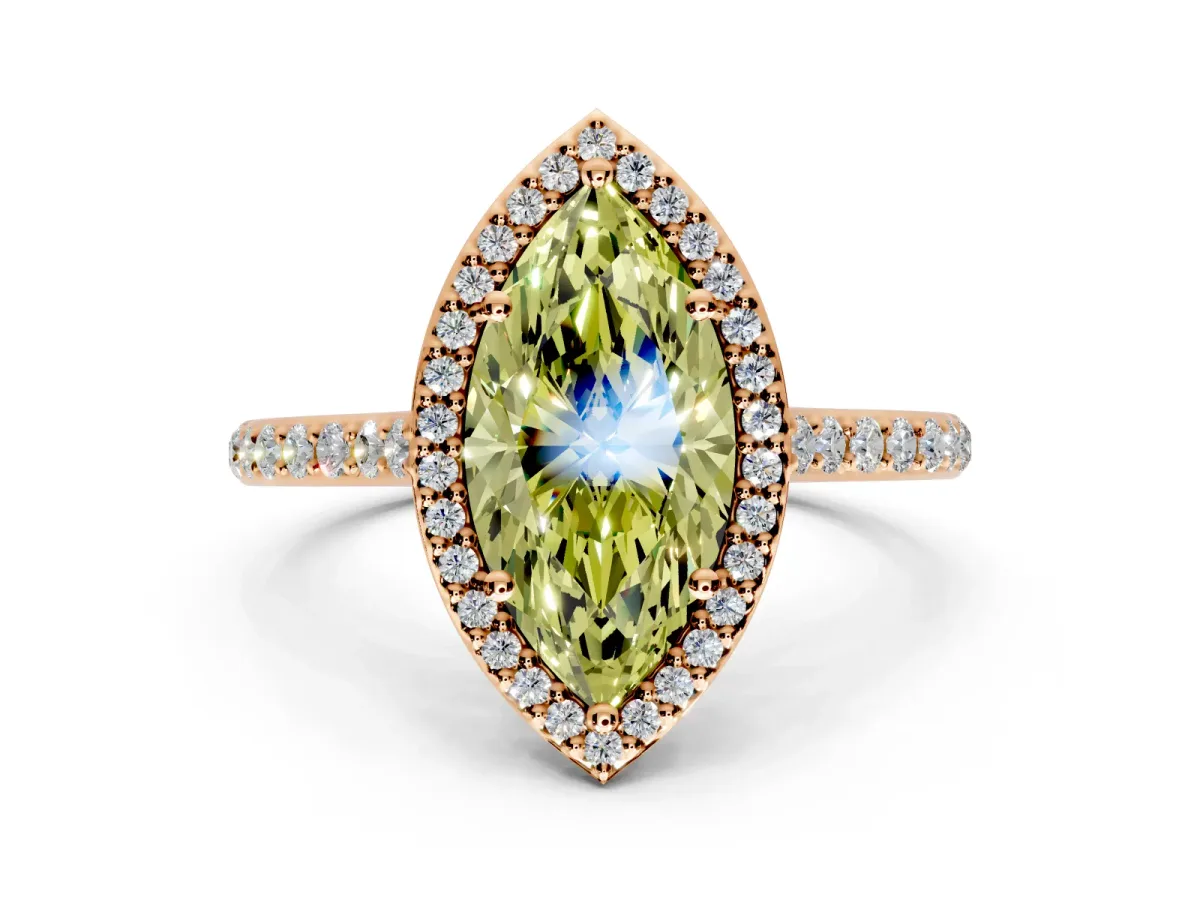 Halo Engagement Ring Setting for Fancy Yellow Marquise Center with Pave Accents, Heart Basket and Prong Head in Rose Gold