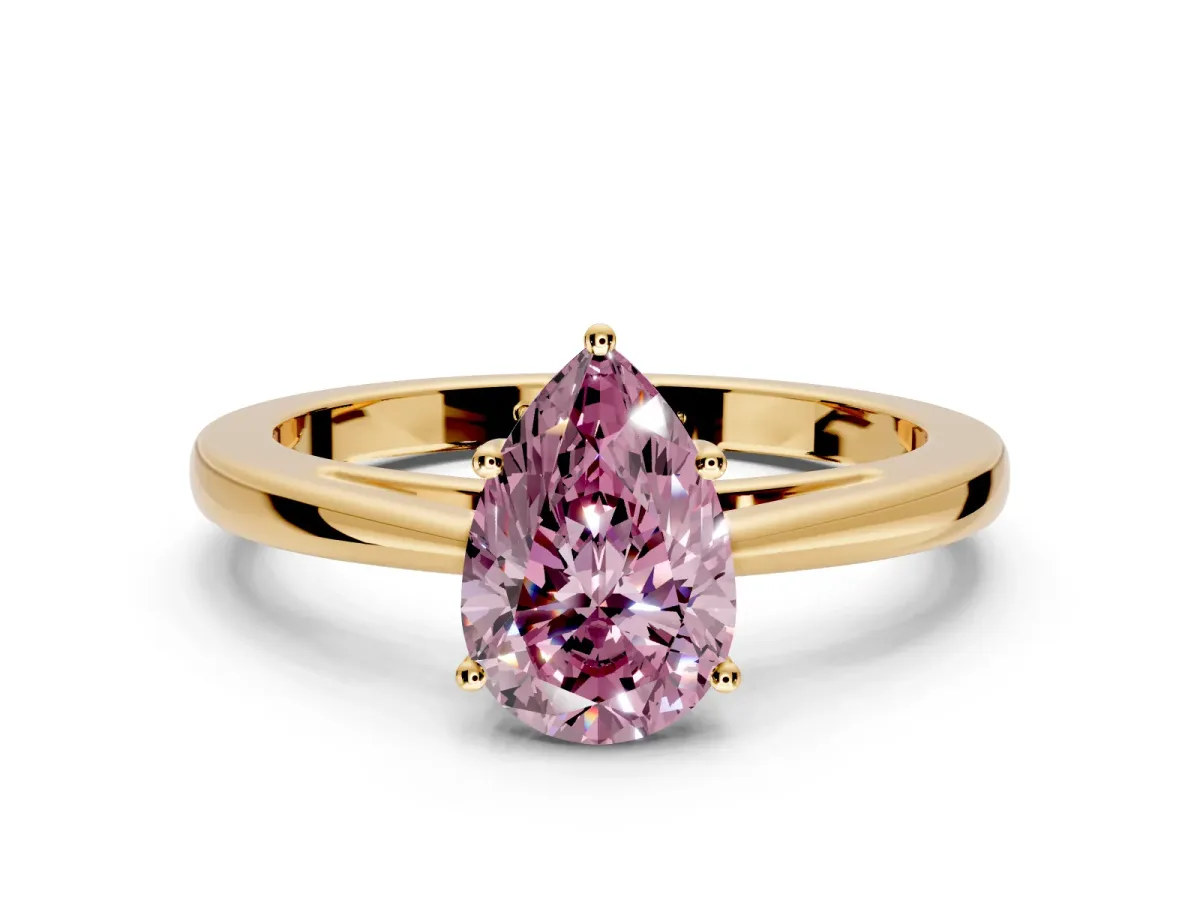 Solitaire Engagement Ring Setting for Fancy Pink Pear-Shaped Center with Open Cathedral Shoulders and Prong Head in Yellow Gold