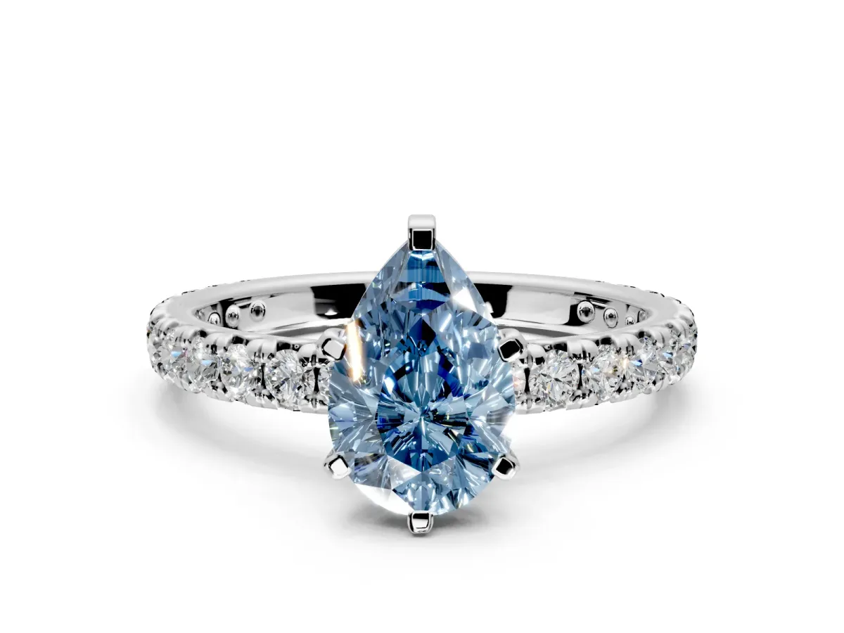 Solitaire Engagement Ring Setting for Fancy Blue Pear-Shaped Center with Shared-Prong Accents and Prong Head in Sterling Silver