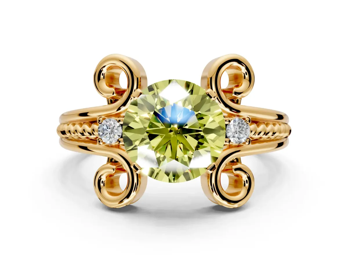 Solitaire Engagement Ring Setting for Fancy Yellow Round Cut Center with Twisted Band and Scroll Prong Head in Yellow Gold