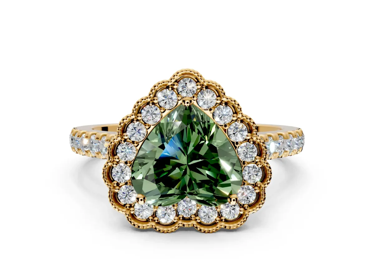 Milgrain Floral Halo Engagement Ring Setting for Fancy Green Heart-Shaped Center with Pave Band and Prong Head in Yellow Gold