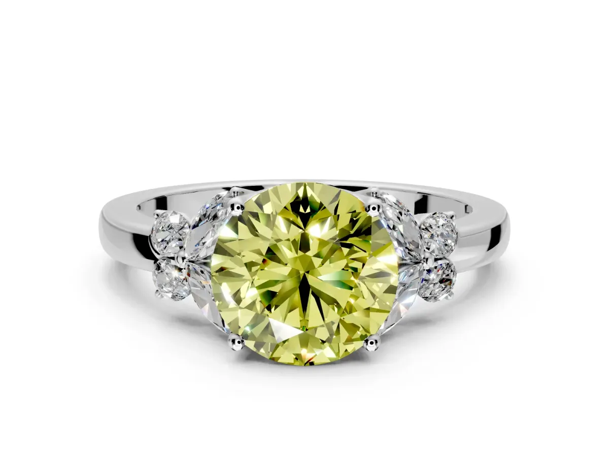Solitaire Engagement Ring Setting for Fancy Yellow Round Cut Center with Marquise Flower Shoulders and Prong Head in White Gold