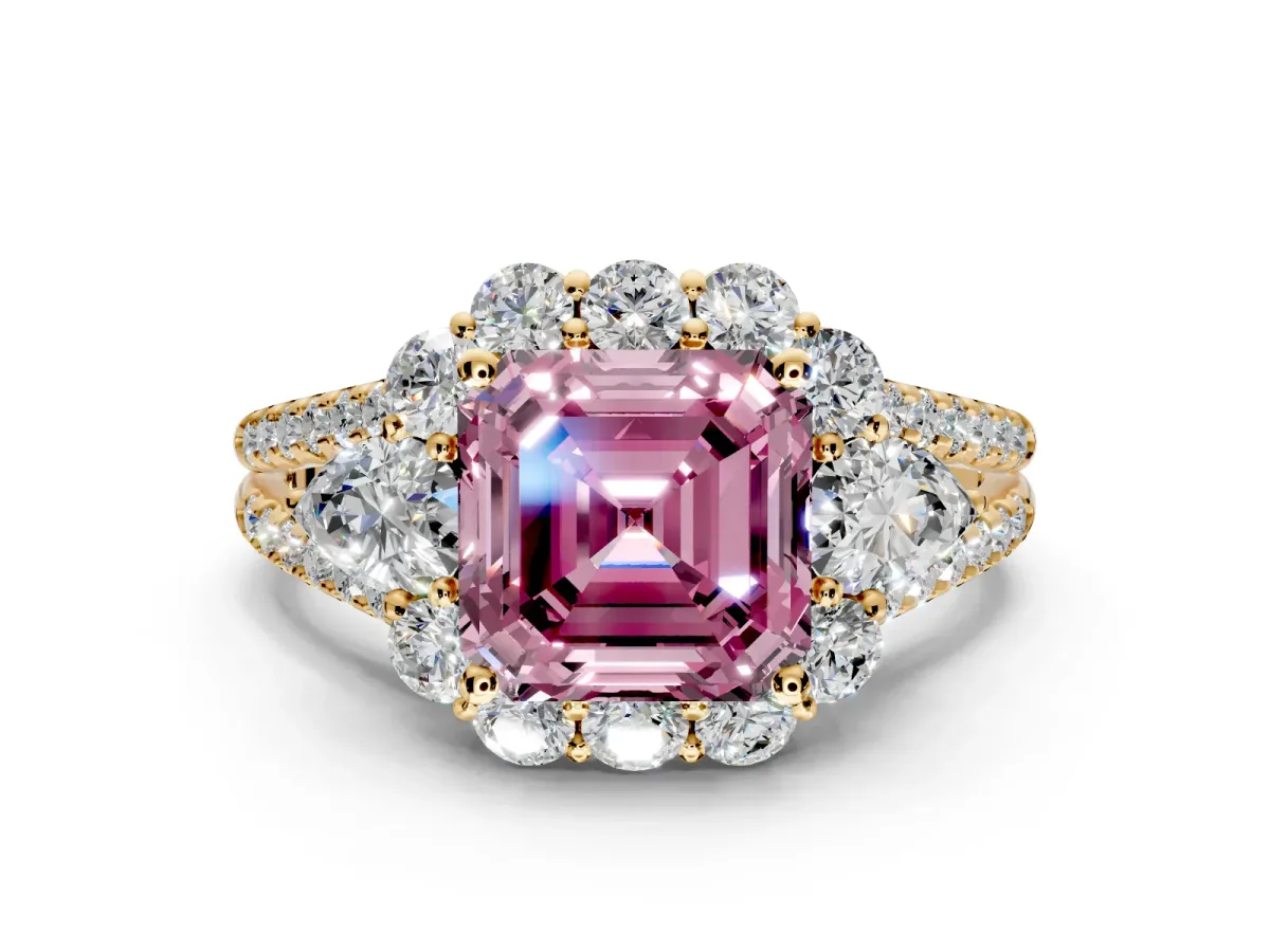 Halo Engagement Ring Setting for Fancy Pink Asscher Cut Center with Two-Strand Split Shank and Prong Head in Yellow Gold