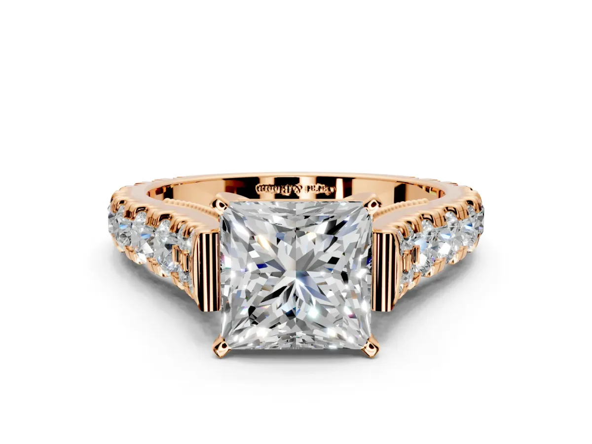 Solitaire Engagement Ring Setting for Princess Cut Center with Pave Cathedral Shoulders and Prong Head in Rose Gold