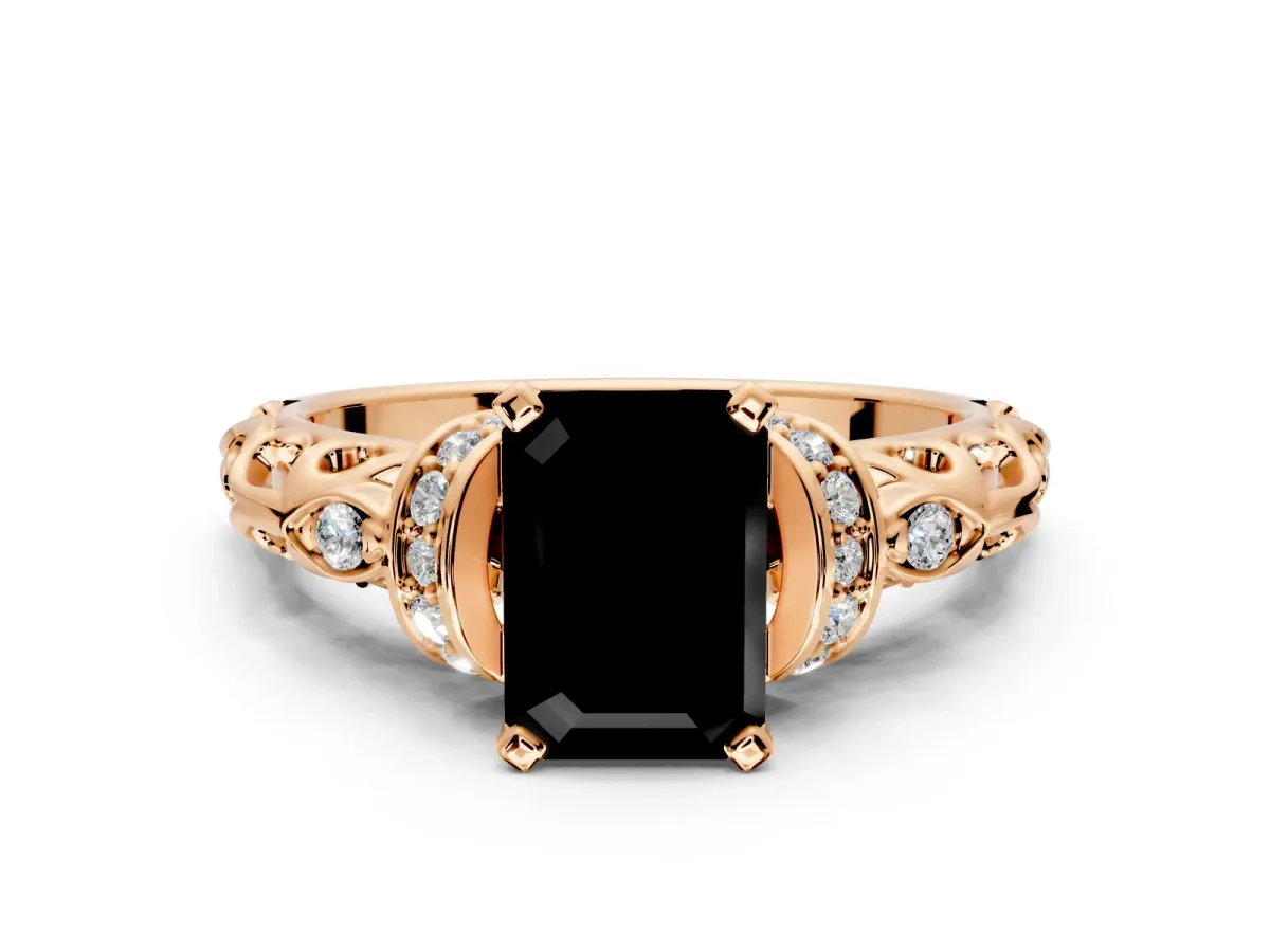 Solitaire Engagement Ring Setting for Fancy Black Emerald Cut Center with Filigree Band and Prong Head in Rose Gold