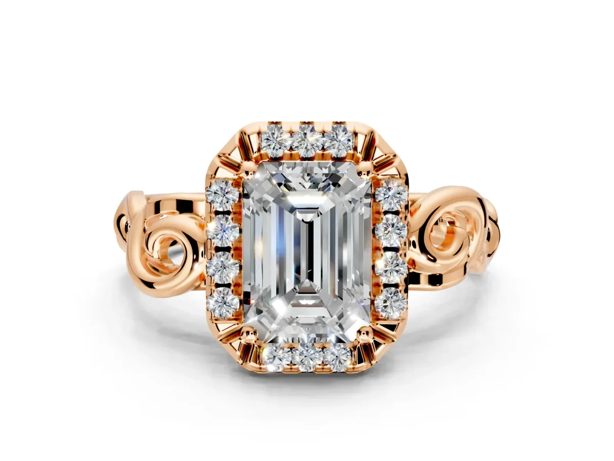Halo Engagement Ring Setting for Emerald Cut Center with Open Scroll Shoulders and Prong Head in Rose Gold