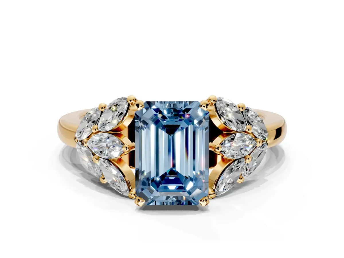 Leaf Cluster Engagement Ring Setting for Fancy Blue Emerald Cut Center with Marquise Accents and Prong Head in Yellow Gold