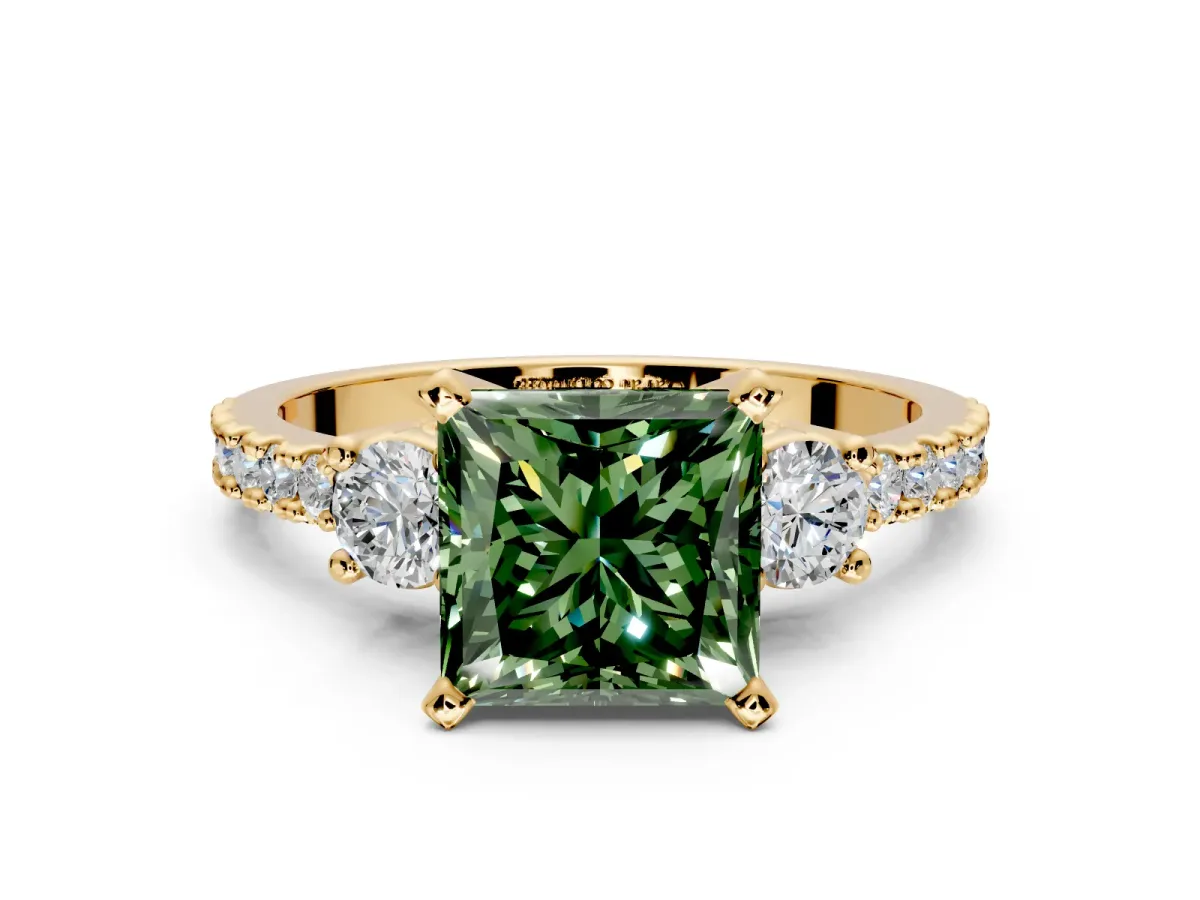 3 Stone Engagement Ring Setting for Fancy Green Princess Cut Center with Round Cut Side Accents and Prong Head in Yellow Gold