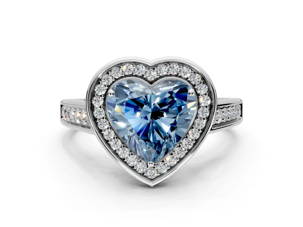 Halo Engagement Ring Setting for Fancy Blue Heart-Shaped Center with Outer Bezel Rim, Pave Band and Prong Head in Sterling Silver