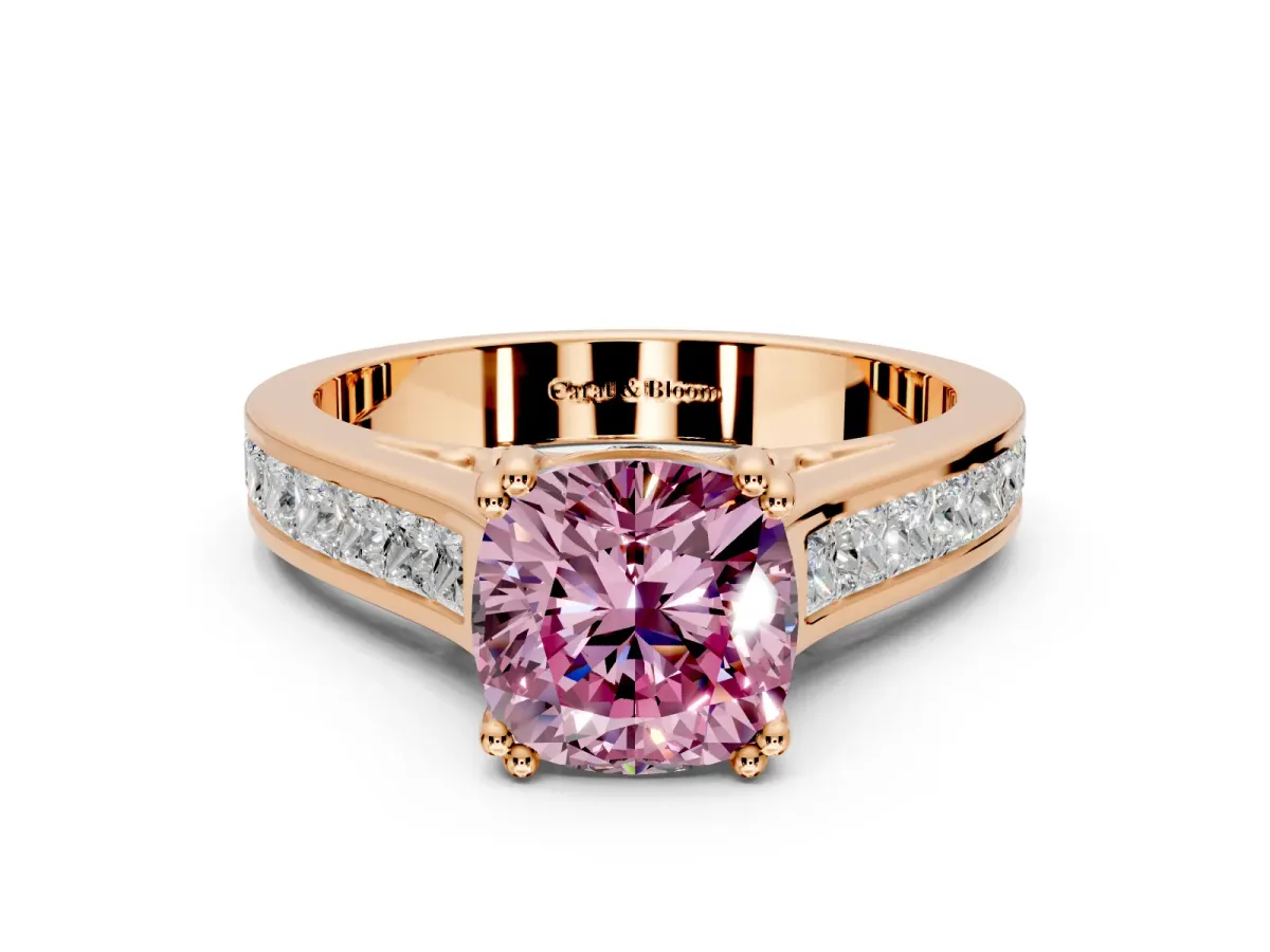 Solitaire Engagement Ring Setting for Fancy Pink Cushion Cut Center with Channel Band and Double Claw Prong Head in Rose Gold