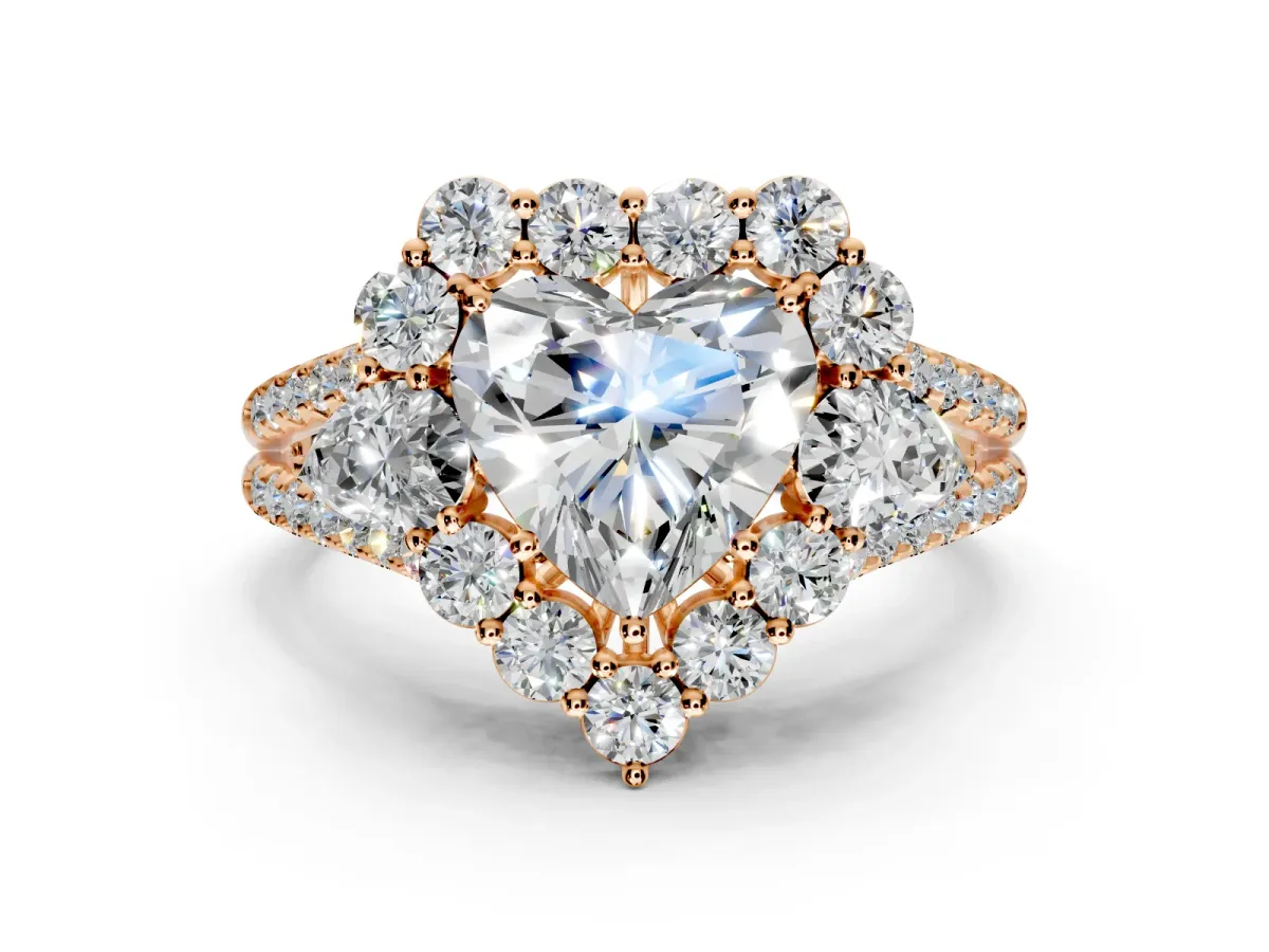 Halo Engagement Ring Setting for Heart-Shaped Center with Two-Strand Split Shank and Prong Head in Rose Gold