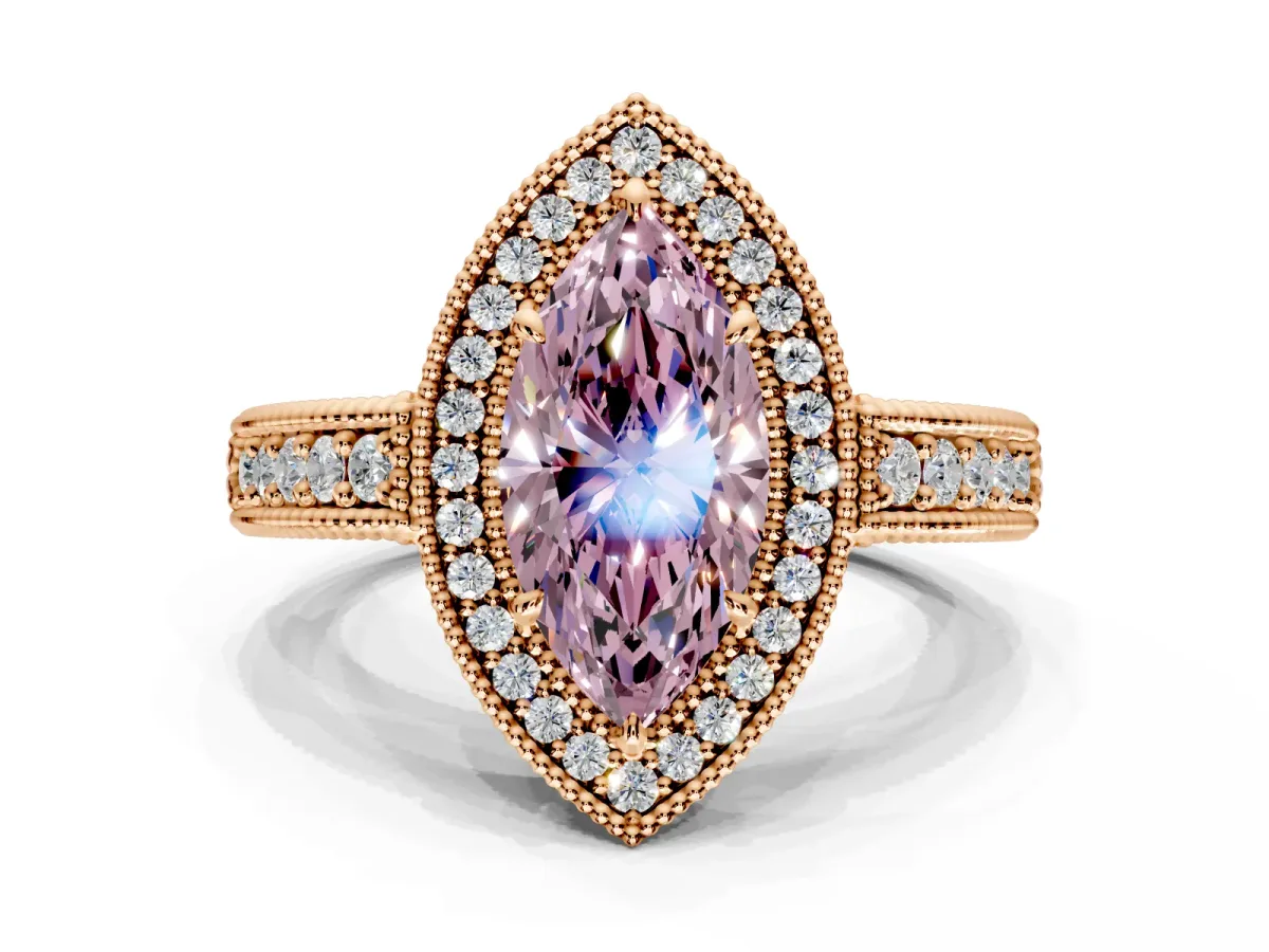 Milgrain Halo Engagement Ring Setting for Fancy Pink Marquise Center with Pave Band and Prong Head in Rose Gold