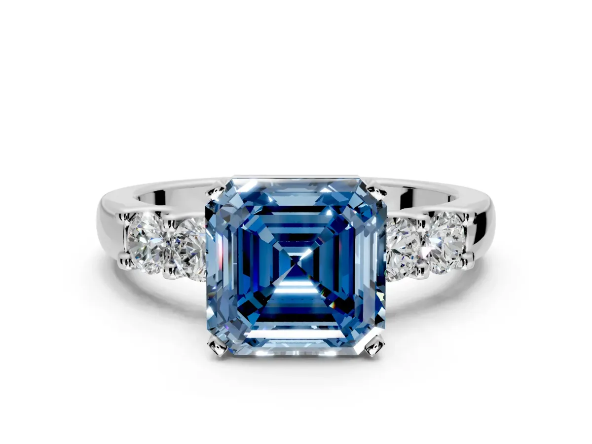 5 Stone Engagement Ring Setting for Fancy Blue Asscher Cut Center with Plain Band and Prong Head in Platinum
