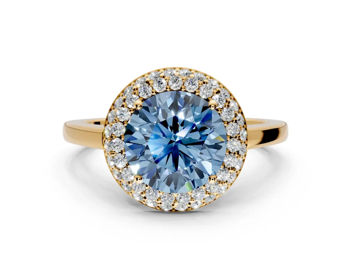Halo Engagement Ring Setting for Fancy Blue Round Cut Center with Plain Tapered Band and Prong Head in Yellow Gold