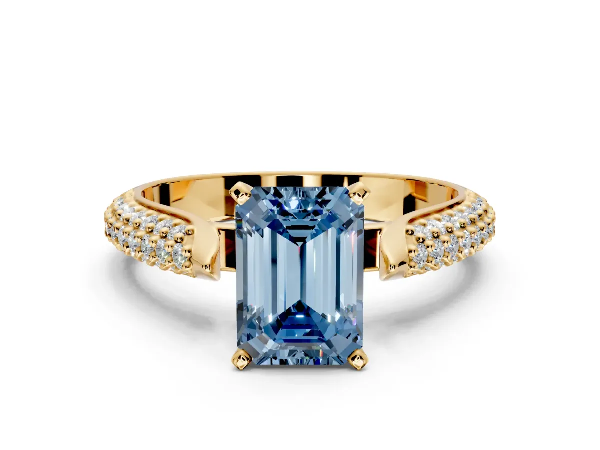 Solitaire Engagement Ring Setting for Fancy Blue Emerald Cut Center with Multi-Row Accents and Prong Head in Yellow Gold