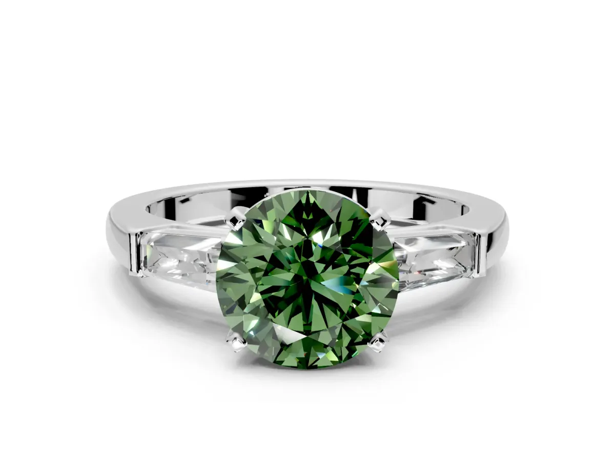 3 Stone Engagement Ring Setting for Fancy Green Round Cut Center with Tapered Baguettes, Plain Band and Prong Head in White Gold