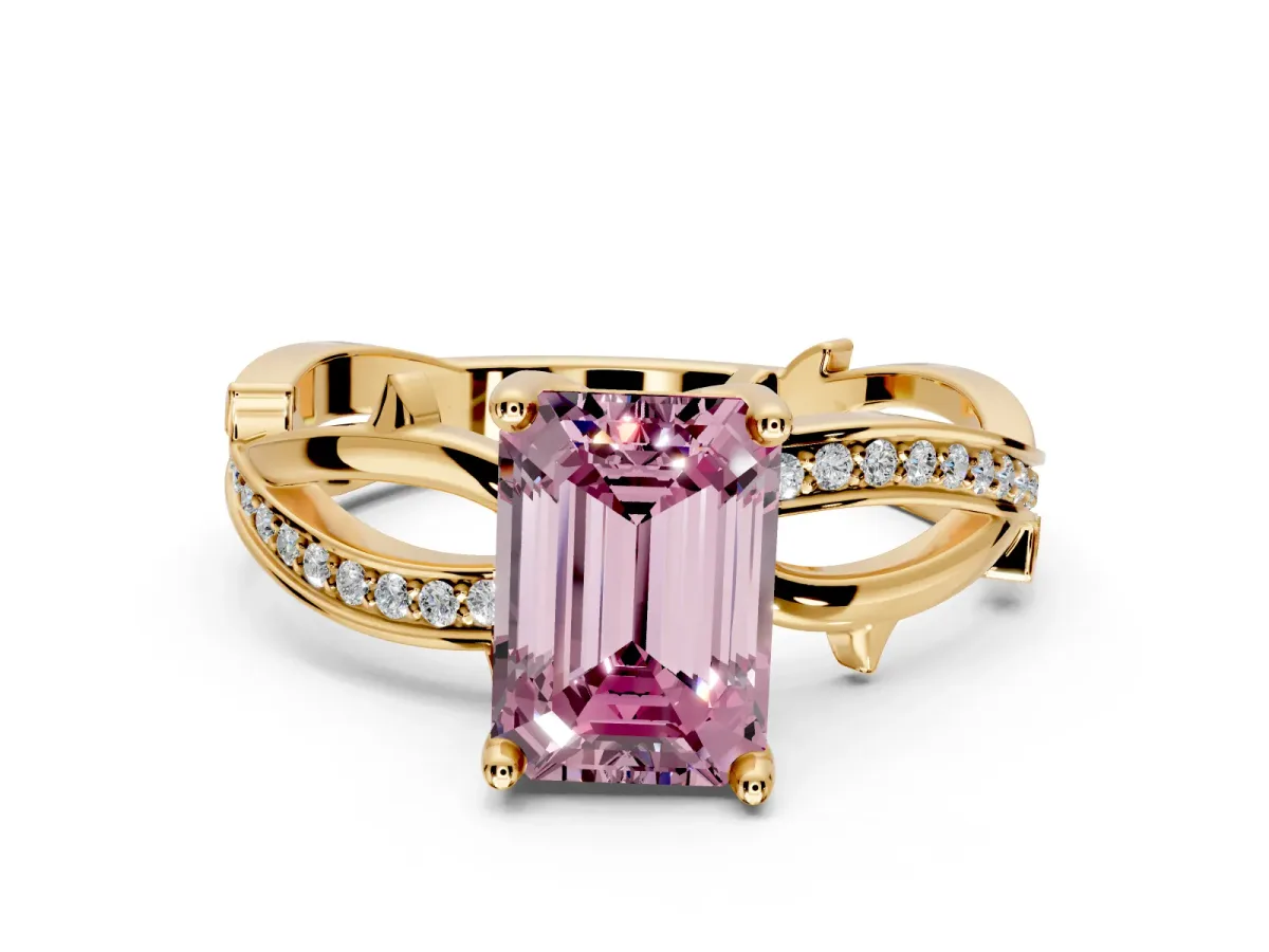 Solitaire Engagement Ring Setting for Fancy Pink Emerald Cut Center with Pave and Plain Crossover Band and Prong Head in Yellow Gold
