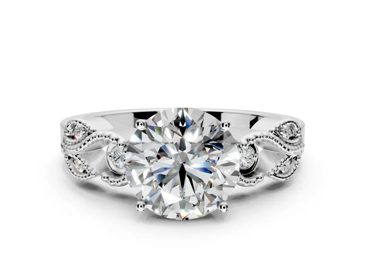 Leaf Engagement Ring Setting for Round Cut Center with Milgrain Accent Band and Prong Head in Sterling Silver