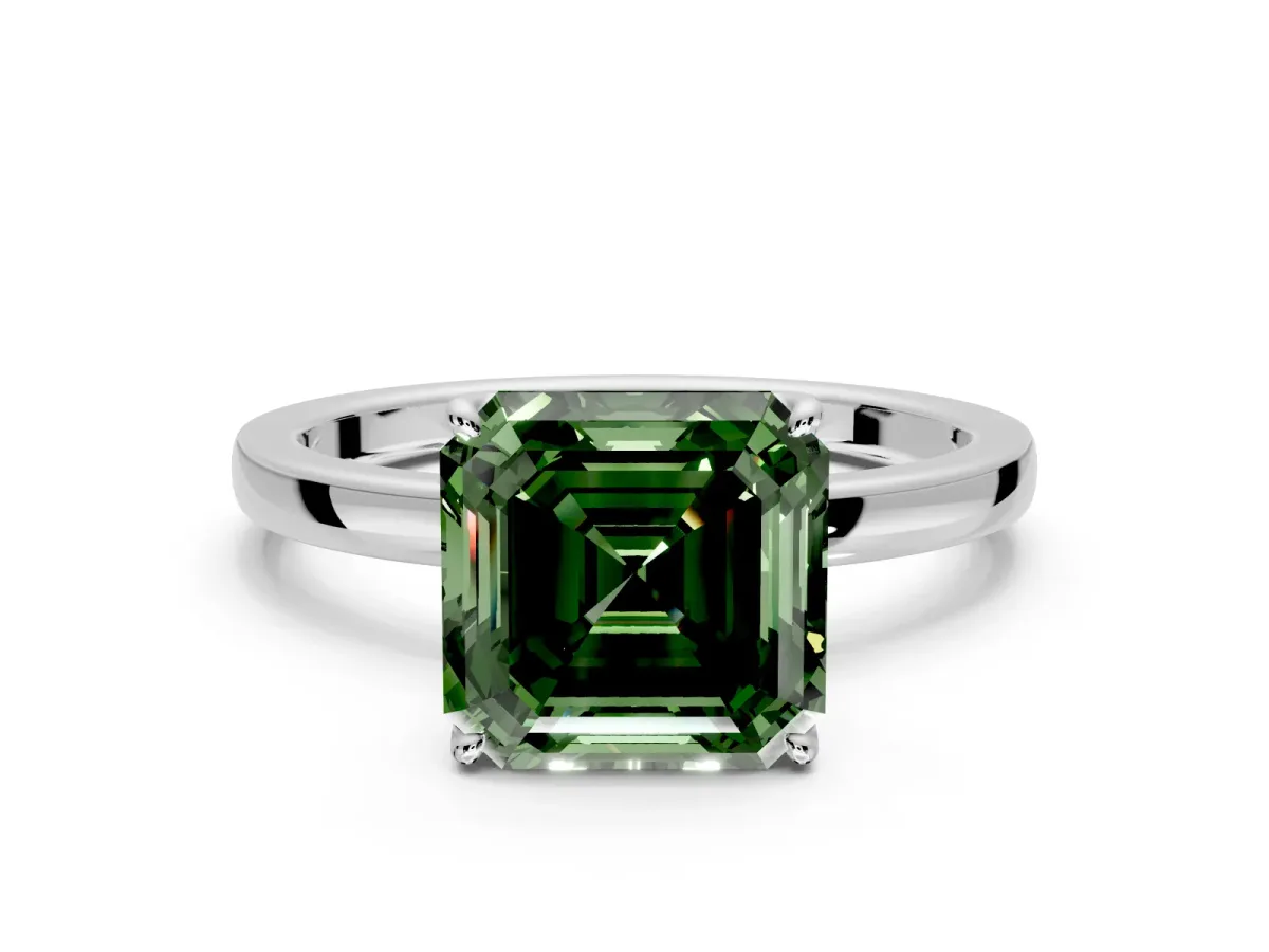 Solitaire Engagement Ring Setting for Fancy Green Asscher Cut Center with Thin Rounded Plain Band and Prong Head in White Gold