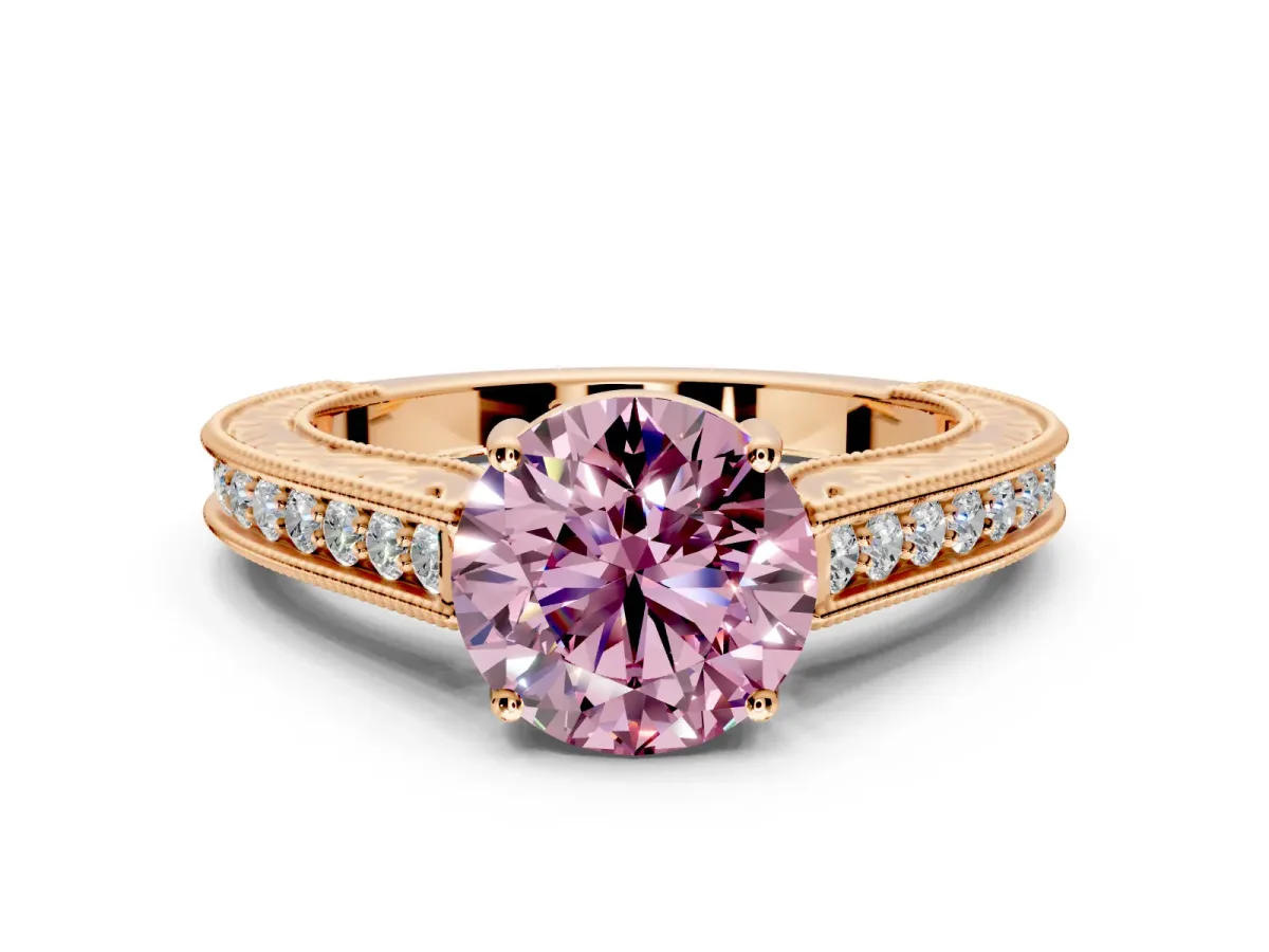 Solitaire Engagement Ring Setting for Fancy Pink Round Cut Center with Engraved Pave Band and Prong Head in Rose Gold
