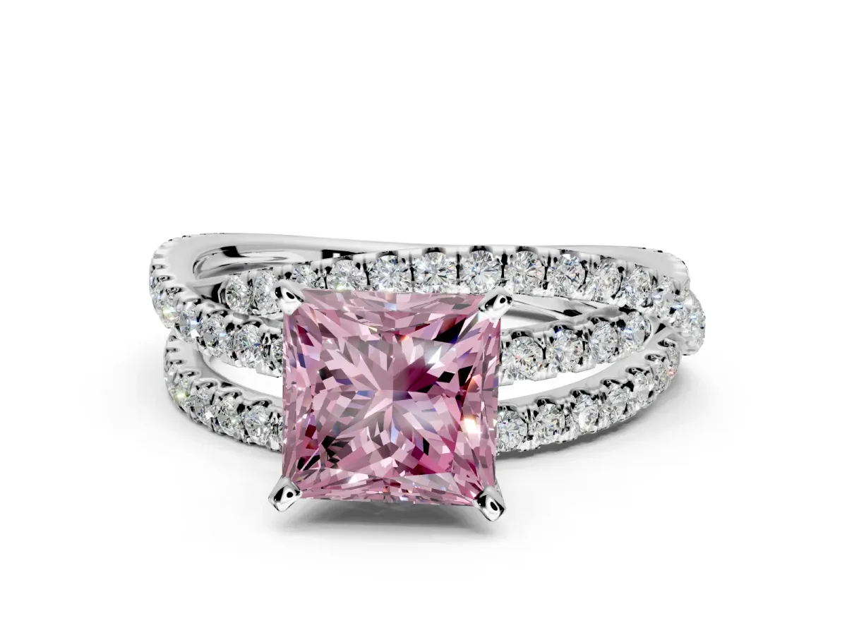 Solitaire Engagement Ring Setting for Fancy Pink Princess Cut Center with Woven 3-Strand Pave Band and Prong Head in Platinum