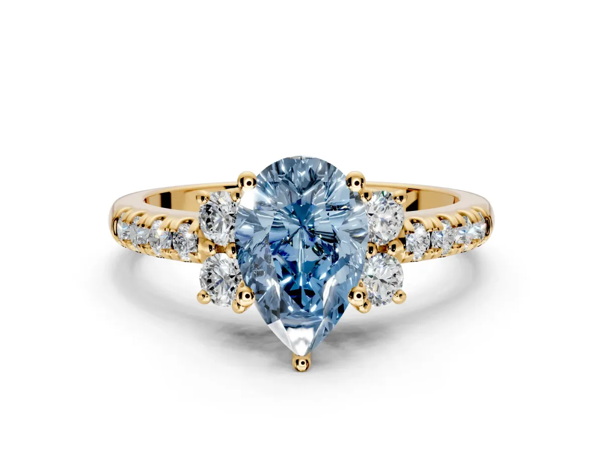 Paired Accent Engagement Ring Setting for Fancy Blue Pear-Shaped Center with Pave Band and Prong Head in Yellow Gold