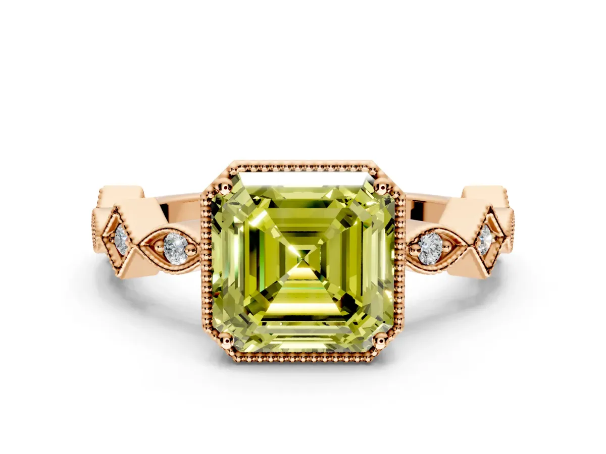 Milgrain Bezel Engagement Ring Setting for Fancy Yellow Asscher Cut Center with Marquise Stations and Bezel Head in Rose Gold