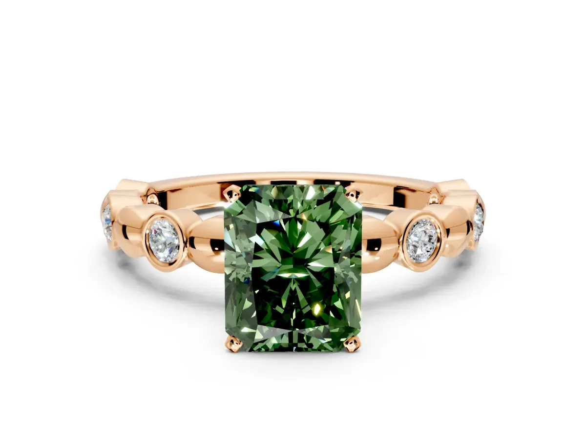 Solitaire Engagement Ring Setting for Fancy Green Radiant Cut Center with Beaded Bezel Station Band and Prong Head in Rose Gold