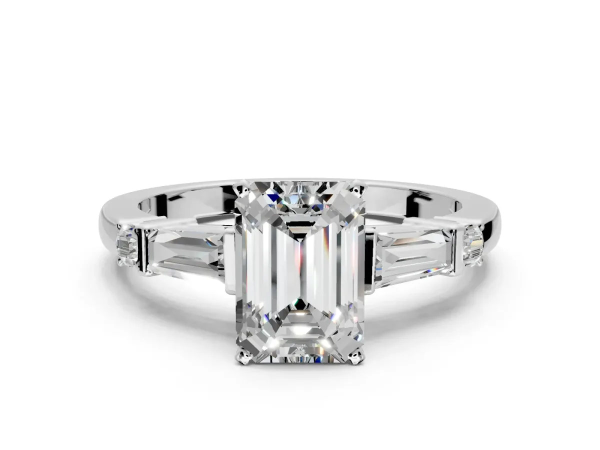Bar-Set Engagement Ring Setting for Emerald Cut Center with Tapered Baguette Accents and Prong Head in Sterling Silver