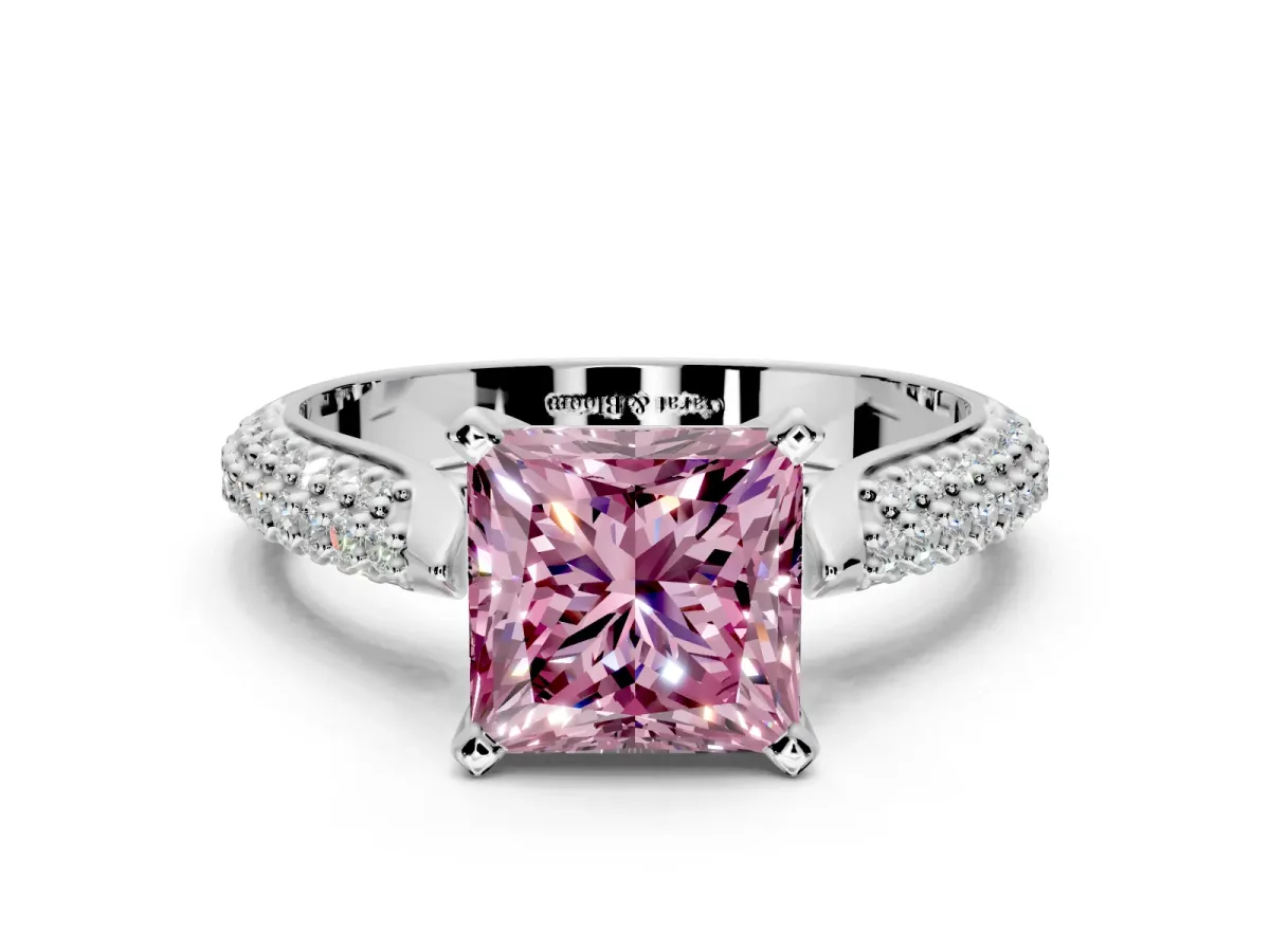 Solitaire Engagement Ring Setting for Fancy Pink Princess Cut Center with Multi-Row Accents and Prong Head in Sterling Silver