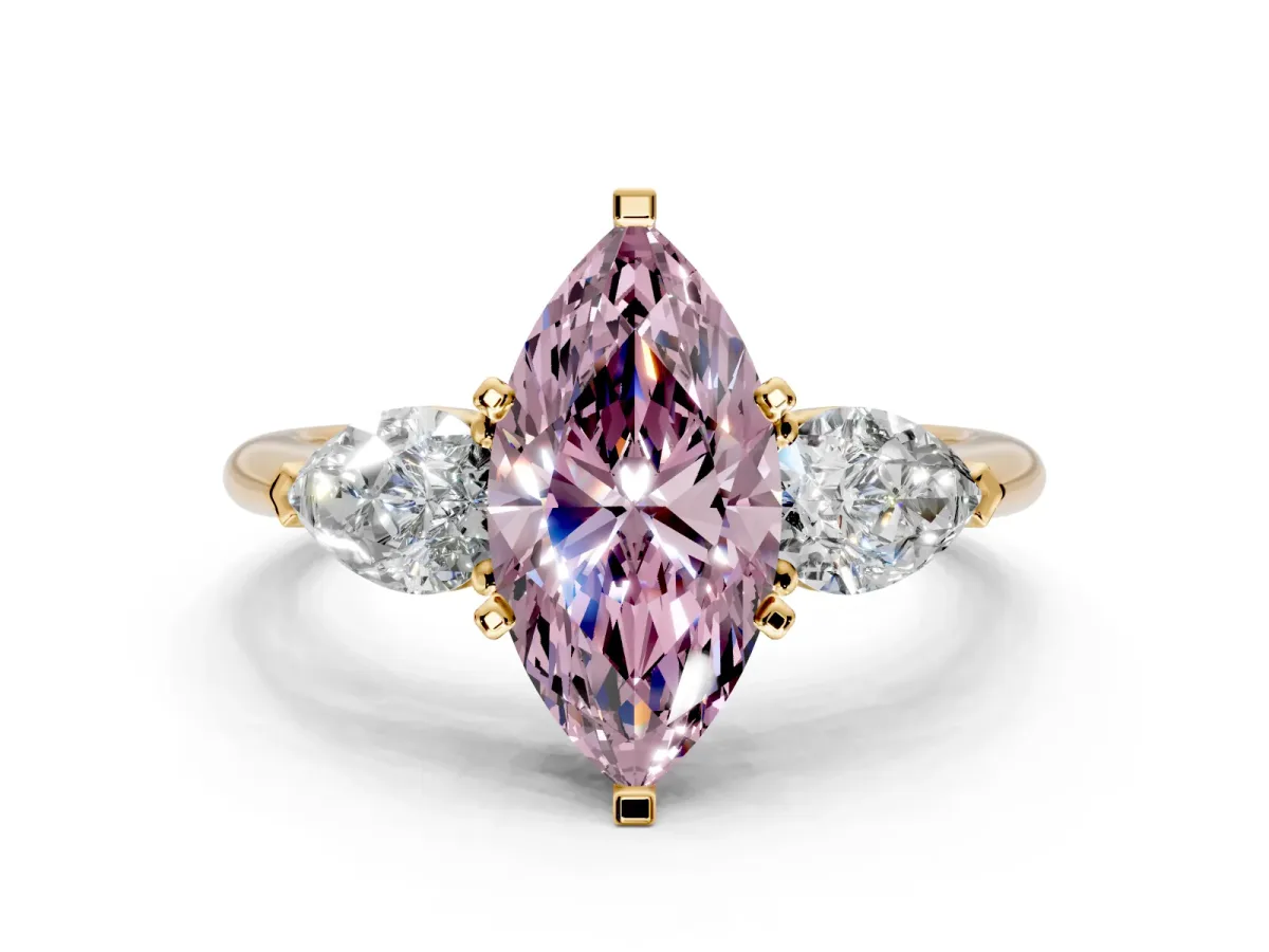 3 Stone Engagement Ring Setting for Fancy Pink Marquise Center with Large Pear-Shaped Accents and Prong Head in Yellow Gold