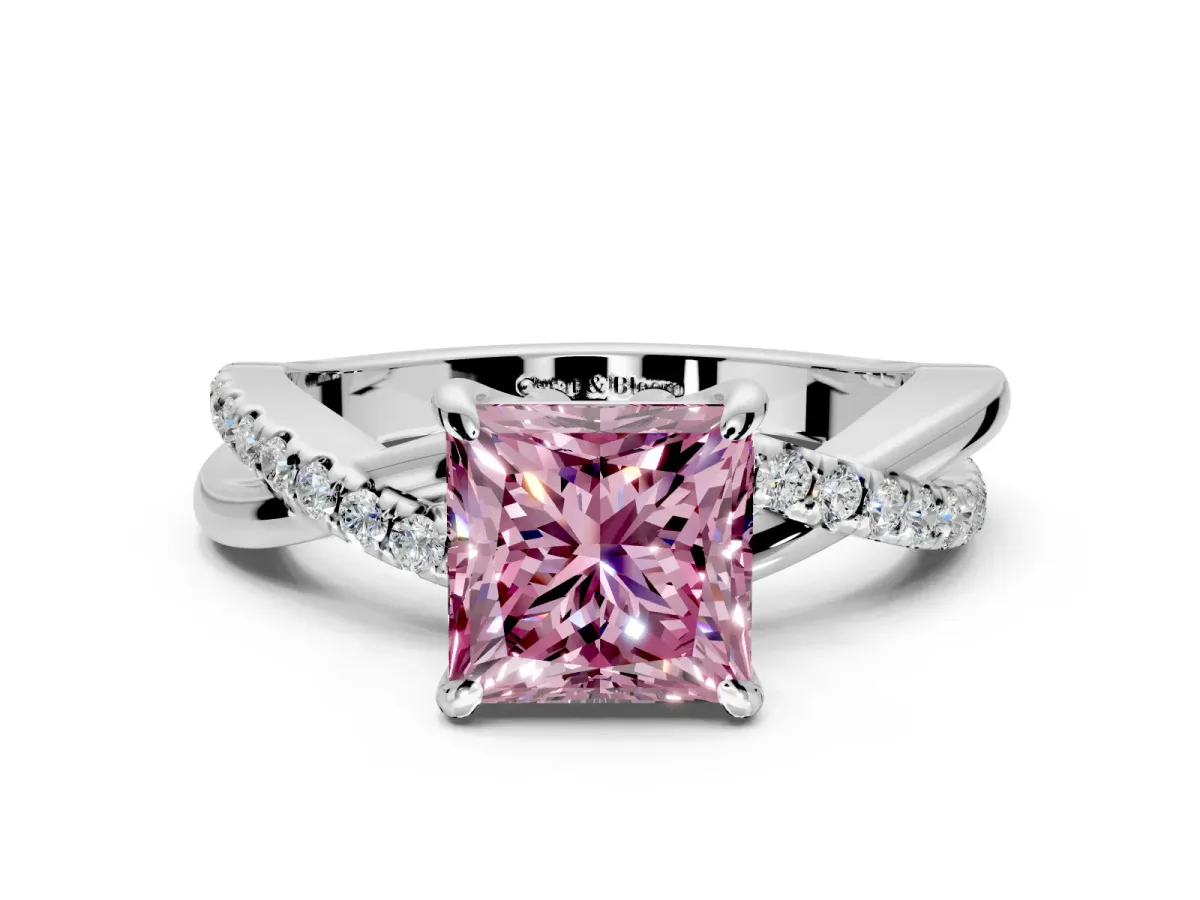 Solitaire Engagement Ring Setting for Fancy Pink Princess Cut Center with Half-Pave Crossover Band and Prong Head in Platinum