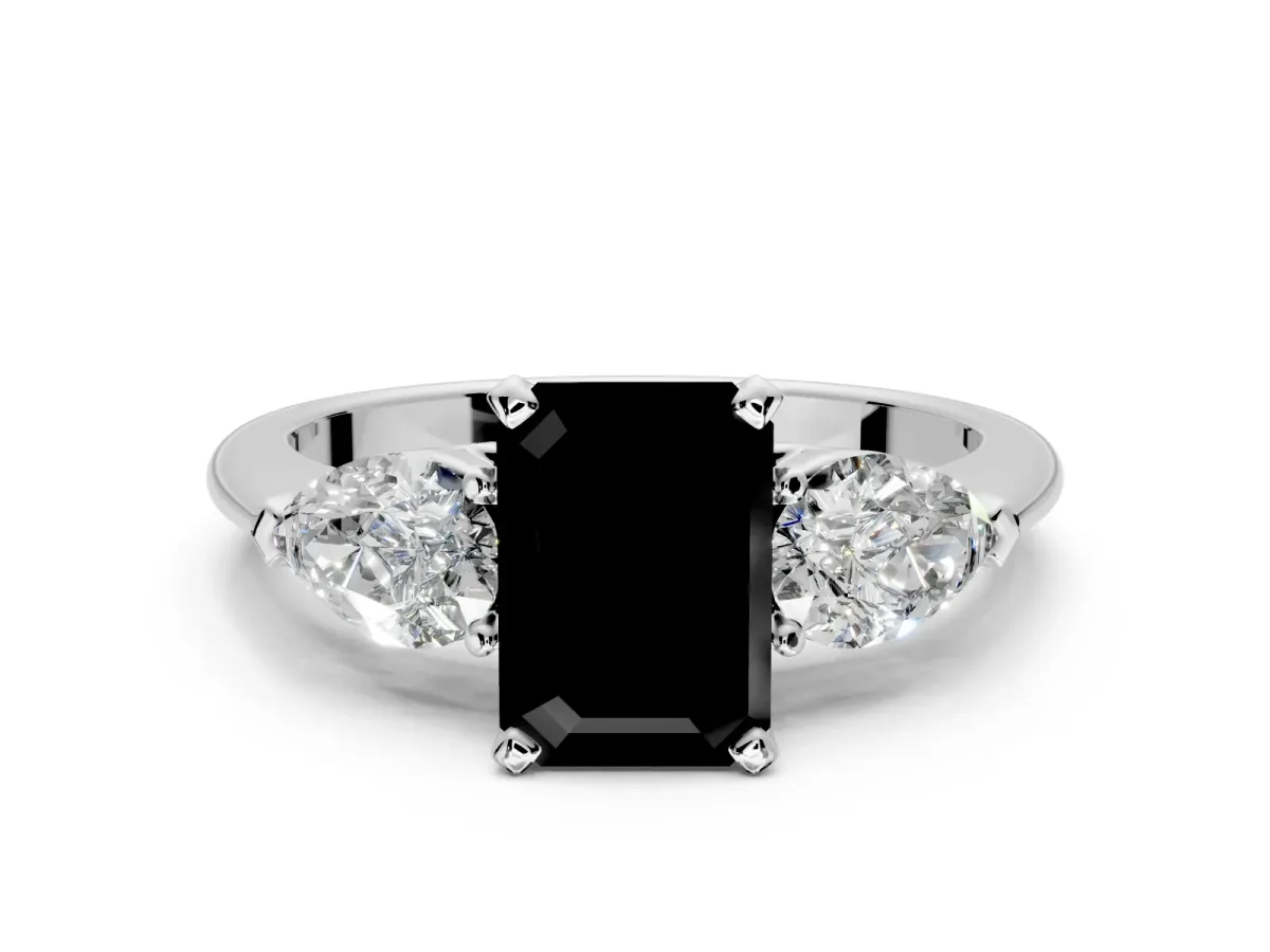 3 Stone Engagement Ring Setting for Fancy Black Emerald Cut Center with Large Pear-Shaped Accents and Prong Head in Platinum