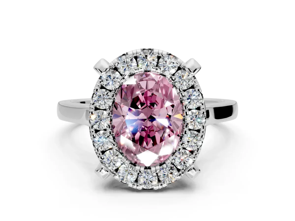 Single Halo Engagement Ring Setting for Fancy Pink Oval Center with Corner Claws, Plain Band and Prong Head in Sterling Silver