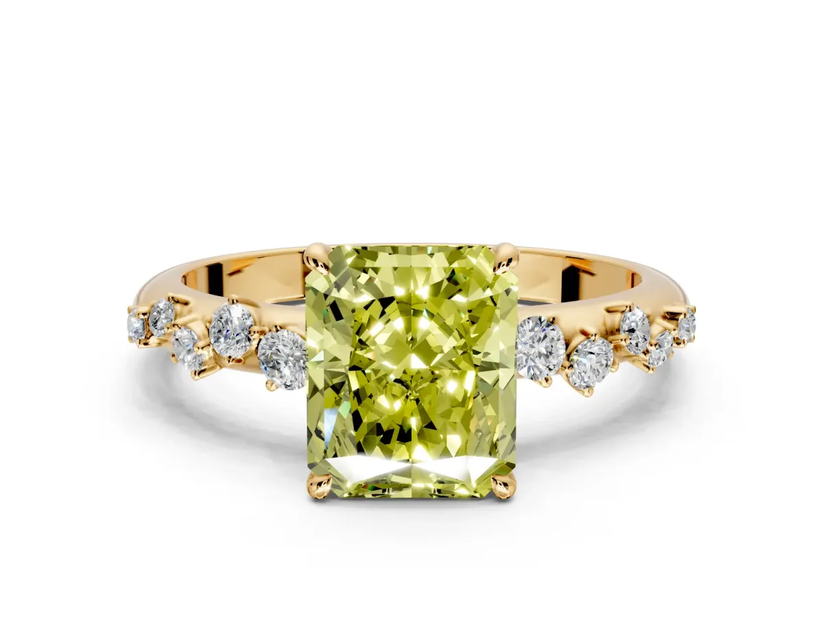 Cluster Engagement Ring Setting for Fancy Yellow Radiant Cut Center with Round Cut Accent Band and Prong Head in Yellow Gold