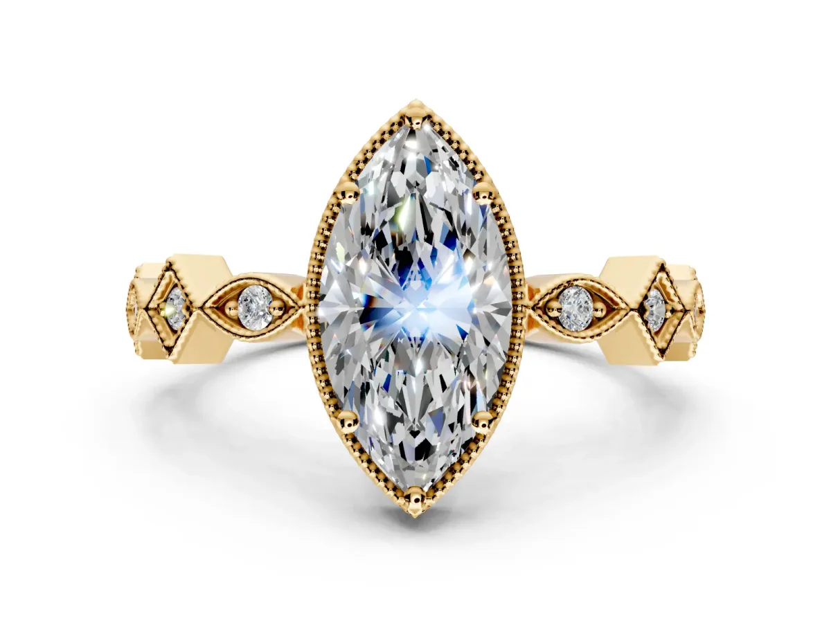Milgrain Bezel Engagement Ring Setting for Marquise Center with Marquise Stations and Bezel Head in Yellow Gold