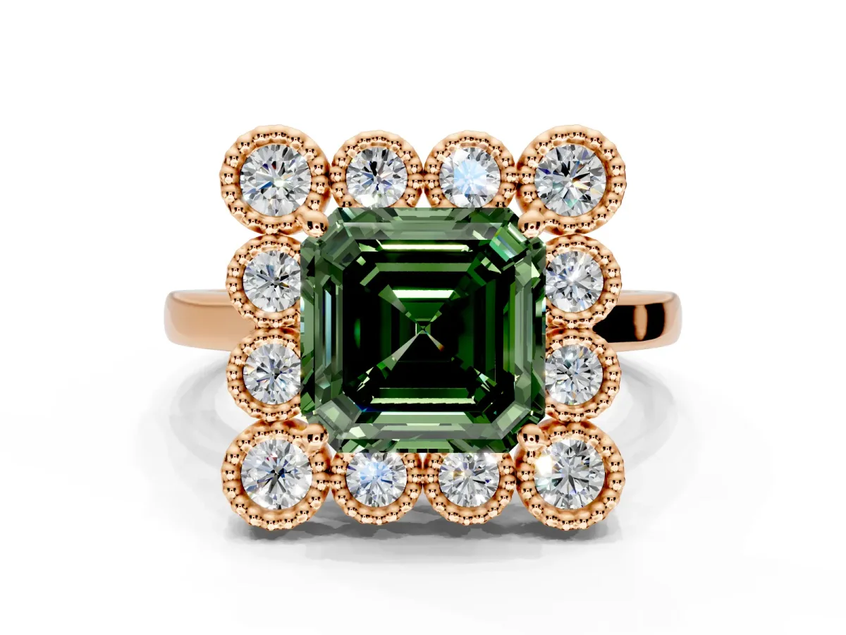 Cluster Halo Engagement Ring Setting for Fancy Green Asscher Cut Center with Milgrain Bezel Accents and Prong Head in Rose Gold