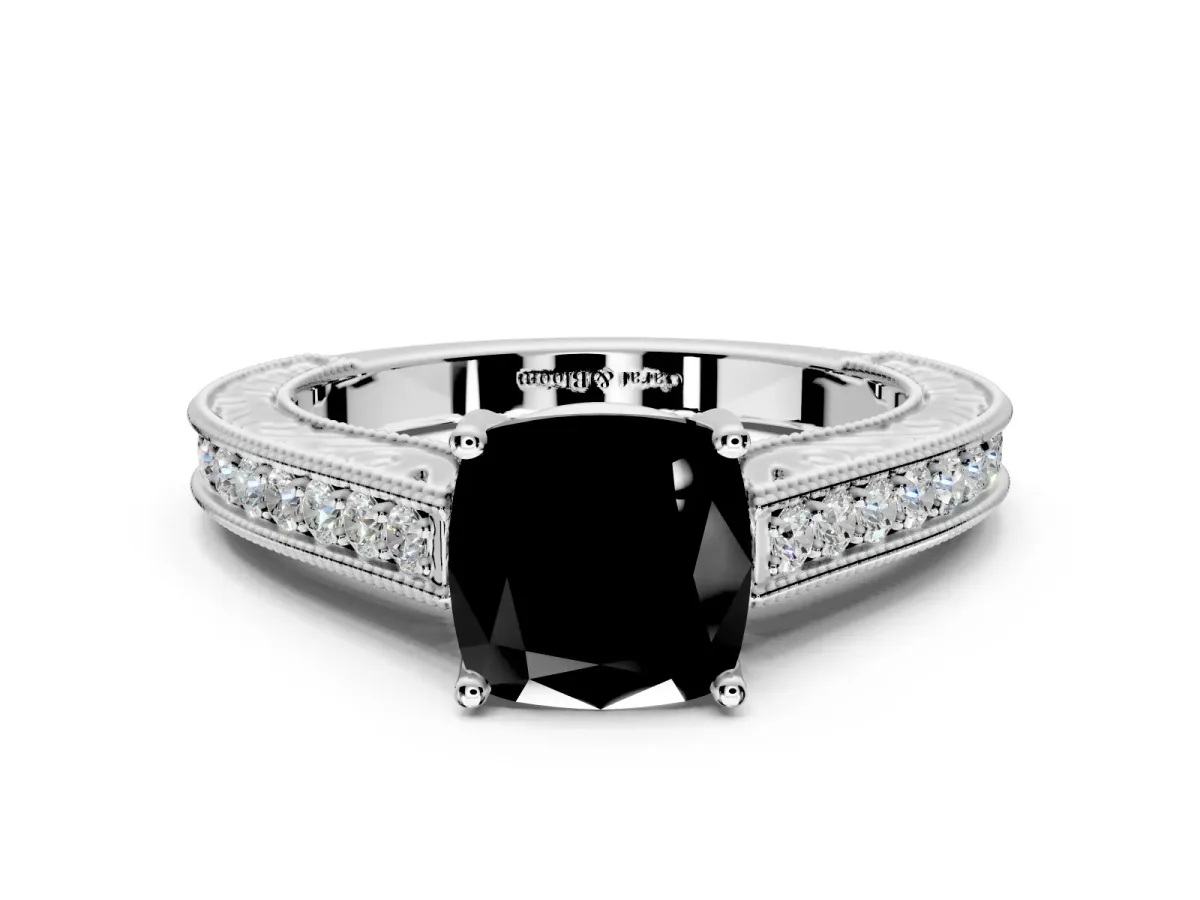 Solitaire Engagement Ring Setting for Fancy Black Cushion Cut Center with Engraved Pave Band and Prong Head in Sterling Silver