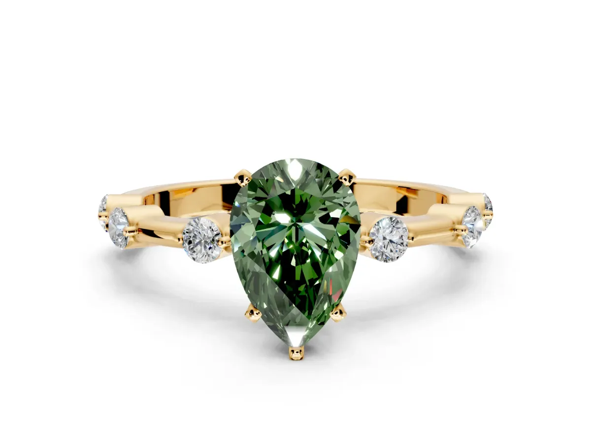 Solitaire Engagement Ring Setting for Fancy Green Pear-Shaped Center with Bezel Station Band and Prong Head in Yellow Gold