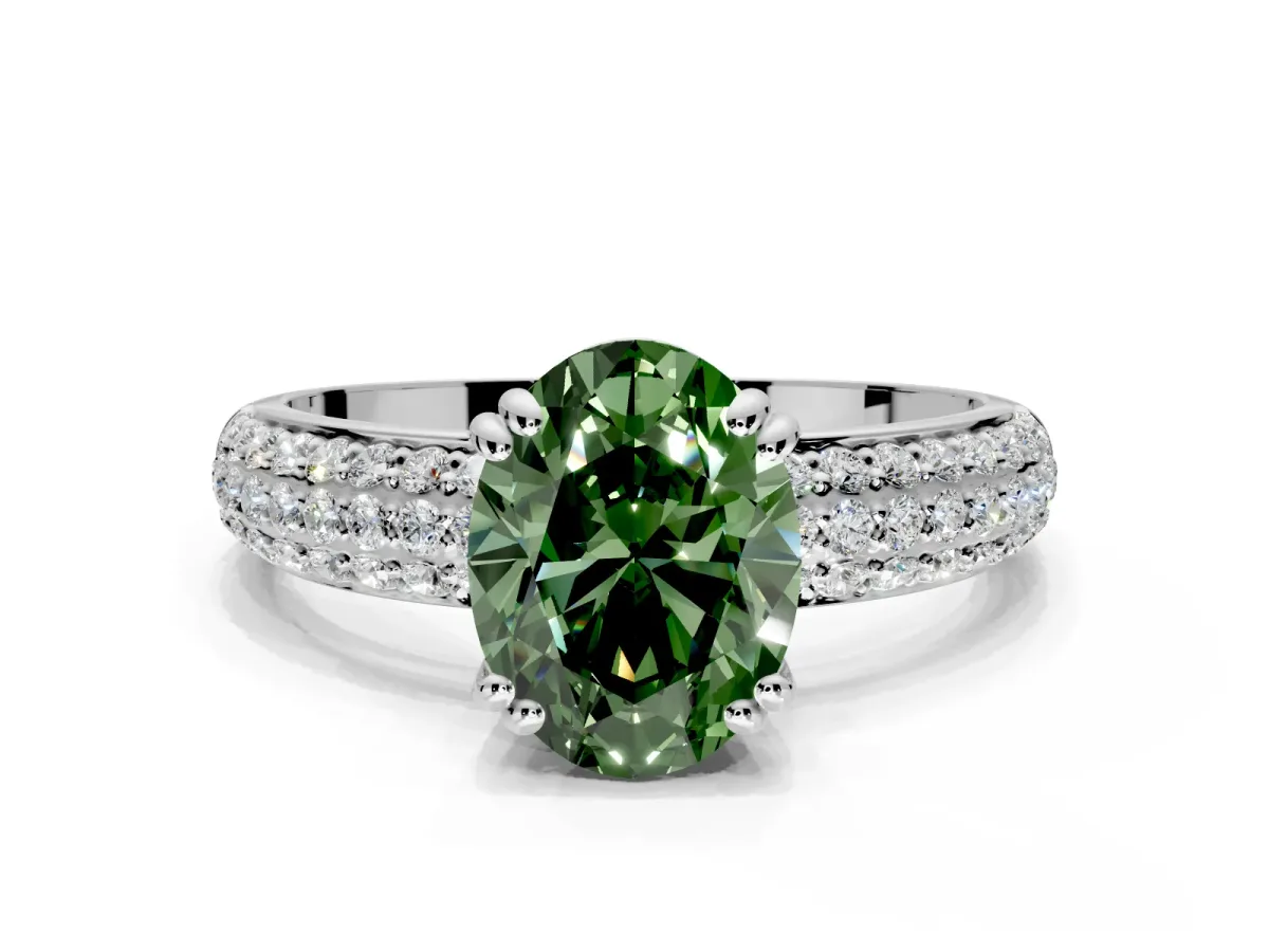 Solitaire Engagement Ring Setting for Fancy Green Oval Center with Multi-Row Pave Accents and Basket Head in Sterling Silver