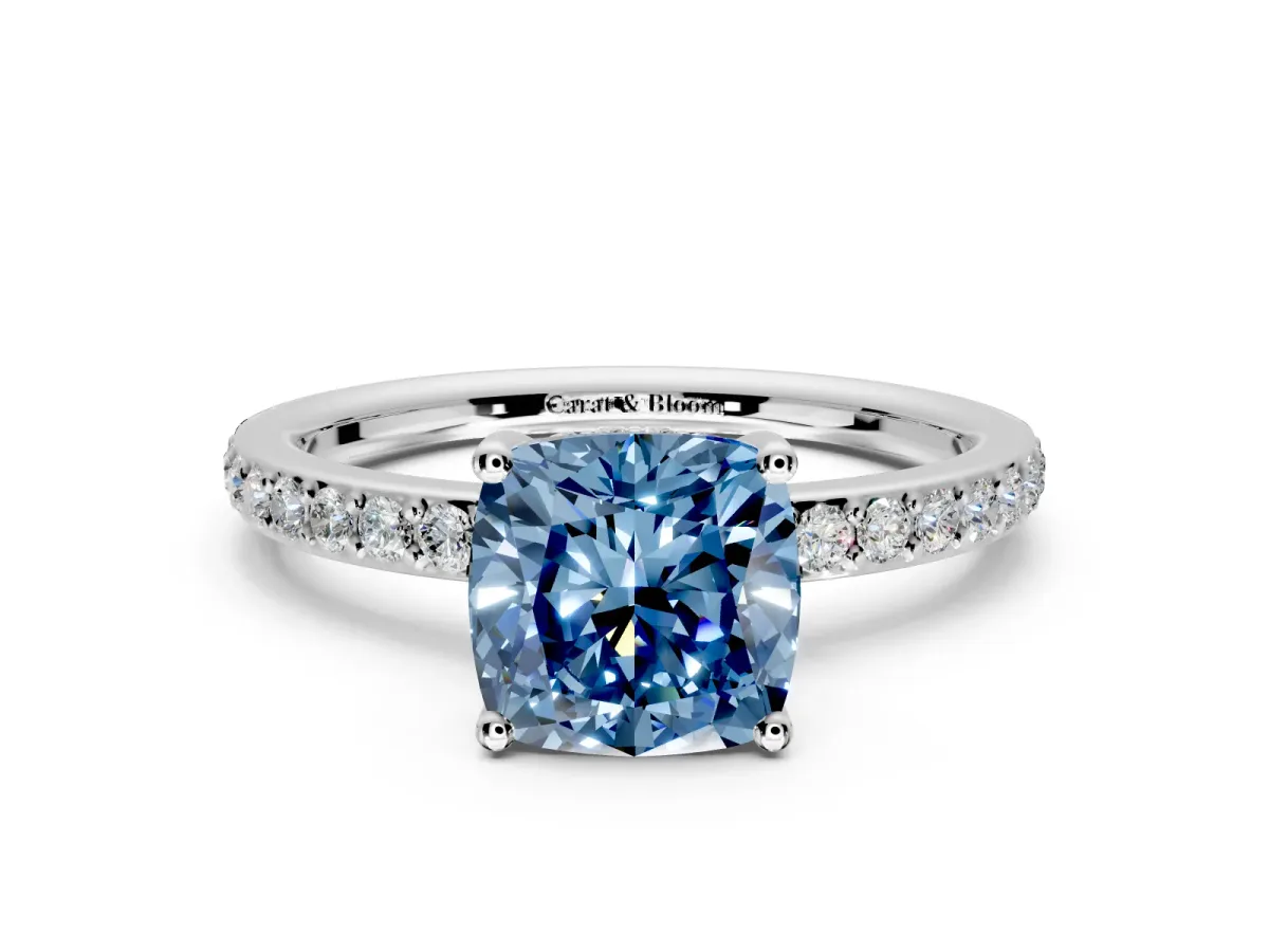 Solitaire Engagement Ring Setting for Fancy Blue Cushion Cut Center with Fine Pave Band and Prong Head in Sterling Silver
