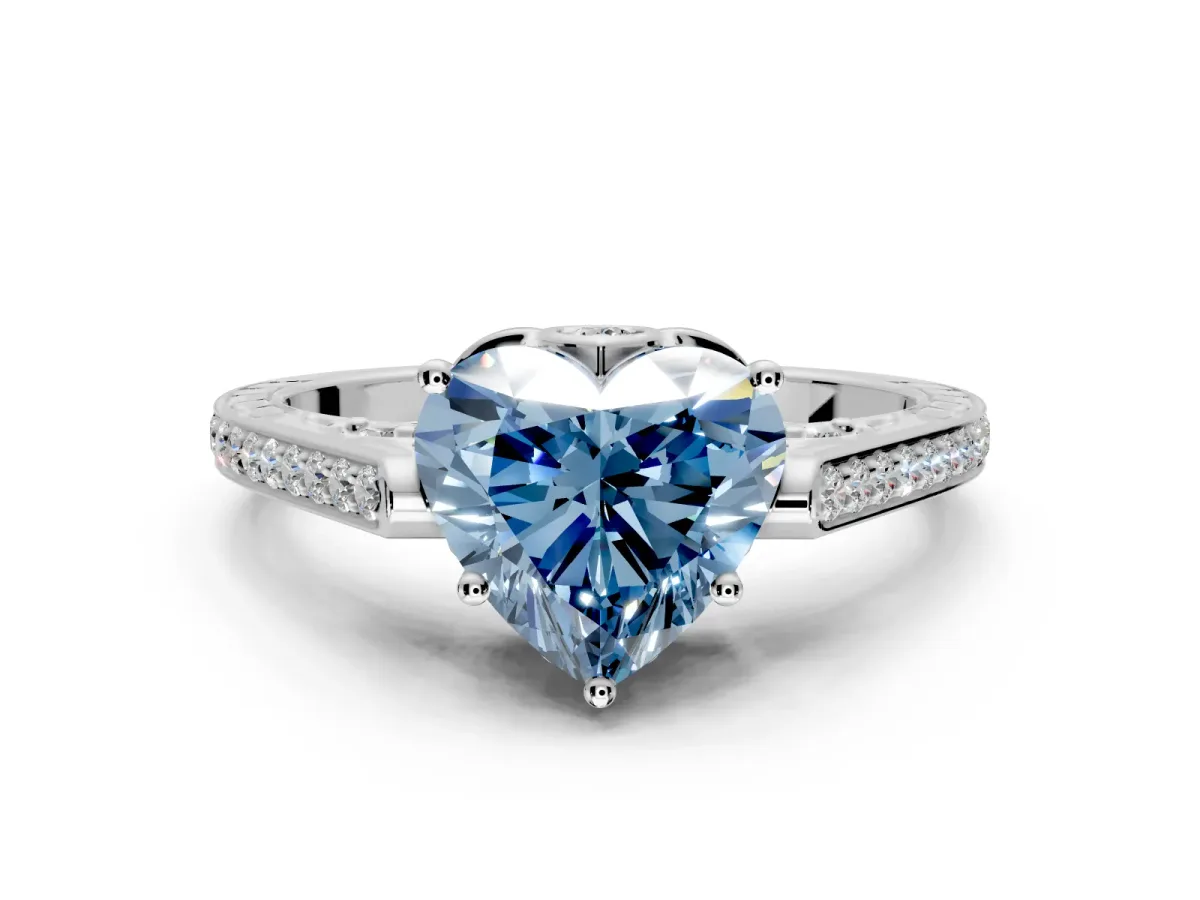 Cathedral Engagement Ring Setting for Fancy Blue Heart-Shaped Center with Antique-Style Pave Band and Prong Head in Platinum