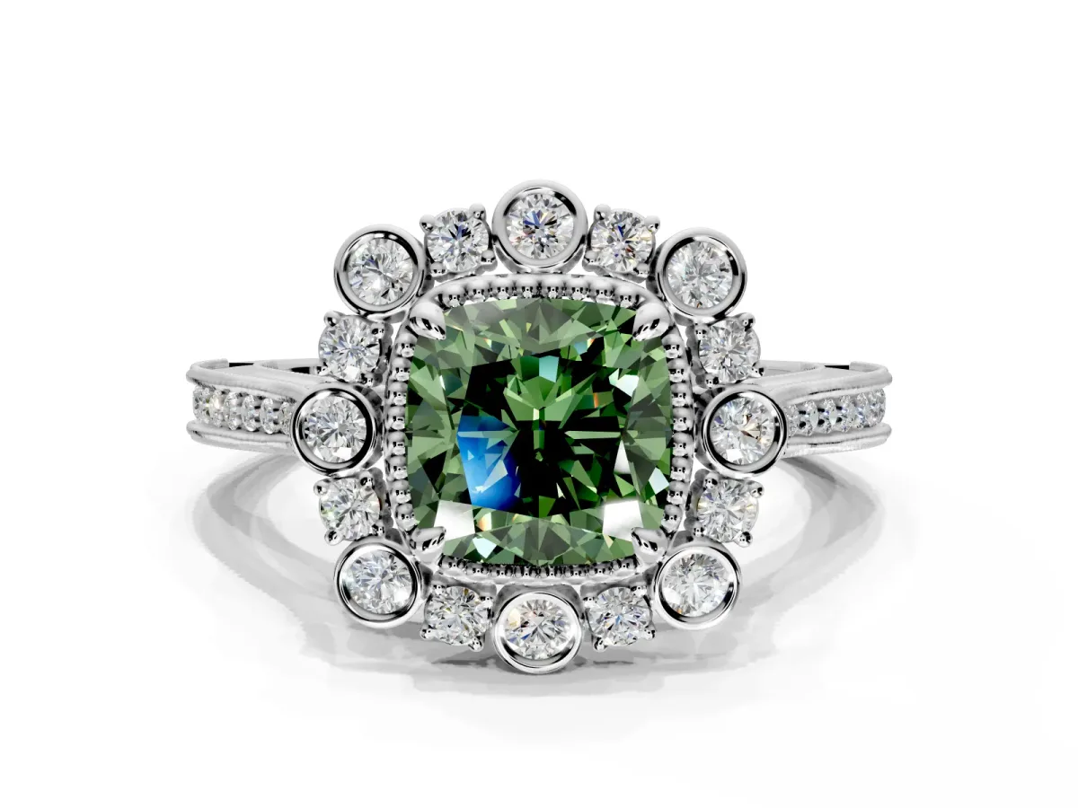 Milgrain Halo Engagement Ring Setting for Fancy Green Cushion Cut Center with Bezel Point Accents and Prong Head in Platinum