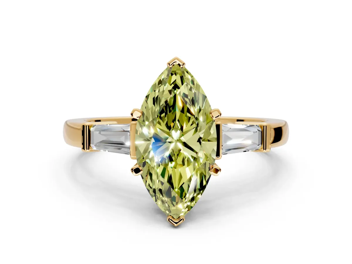 3 Stone Engagement Ring Setting for Fancy Yellow Marquise Center with Channel Baguette Accents and Prong Head in Yellow Gold
