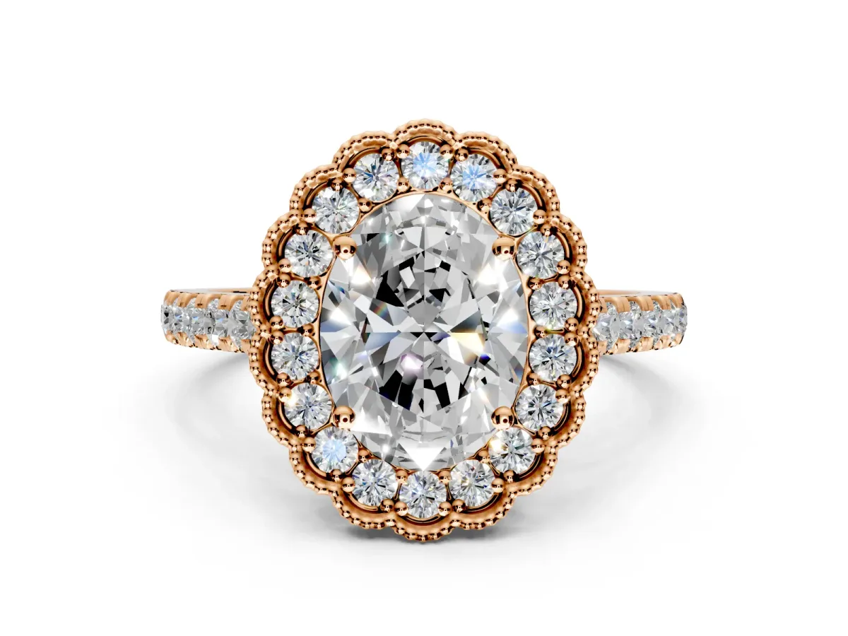 Milgrain Floral Halo Engagement Ring Setting for Oval Center with Pave Band and Prong Head in Rose Gold