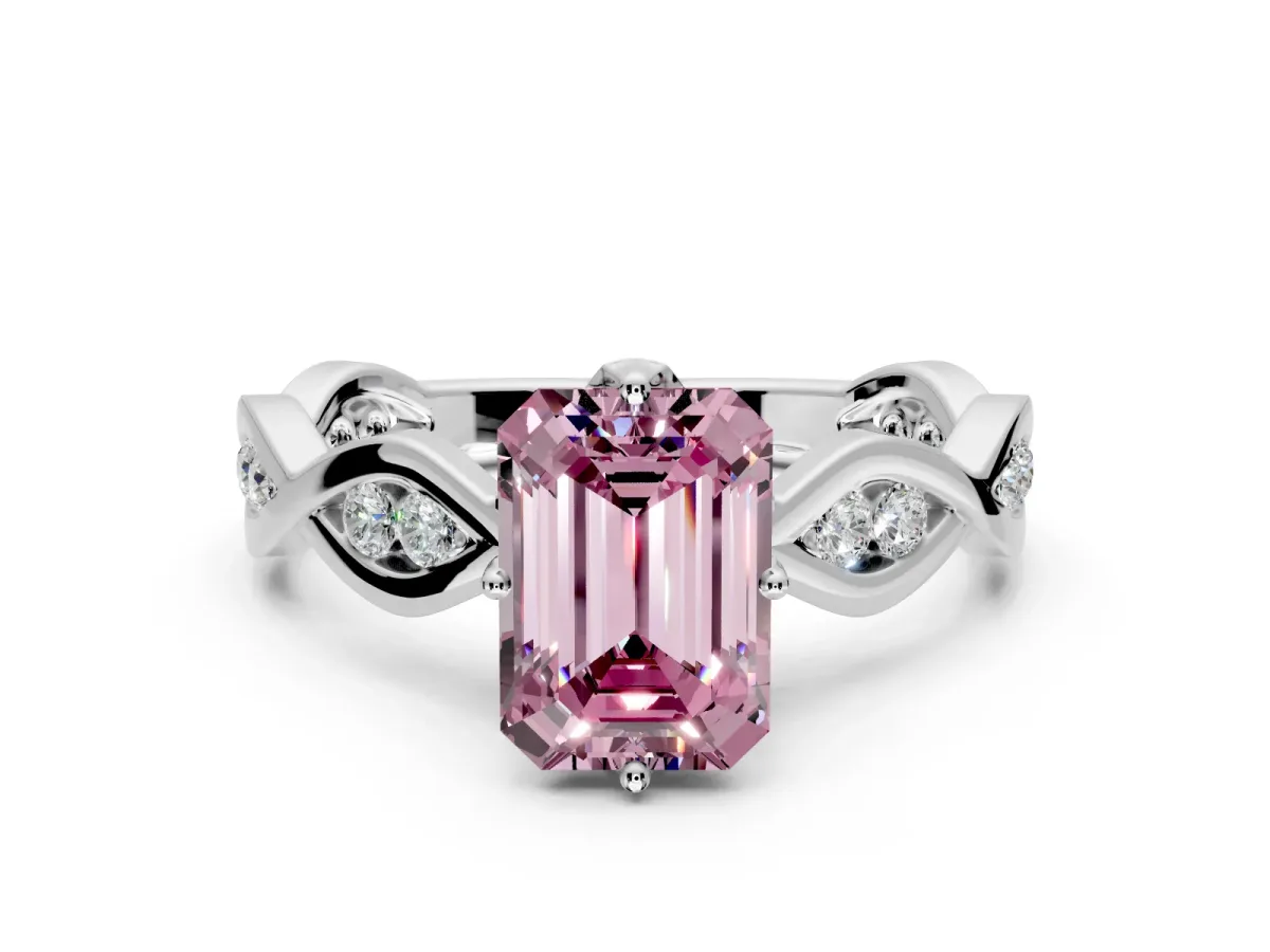 Solitaire Engagement Ring Setting for Fancy Pink Emerald Cut Center with Accented Twist Band and Leaf Prong Head in Sterling Silver