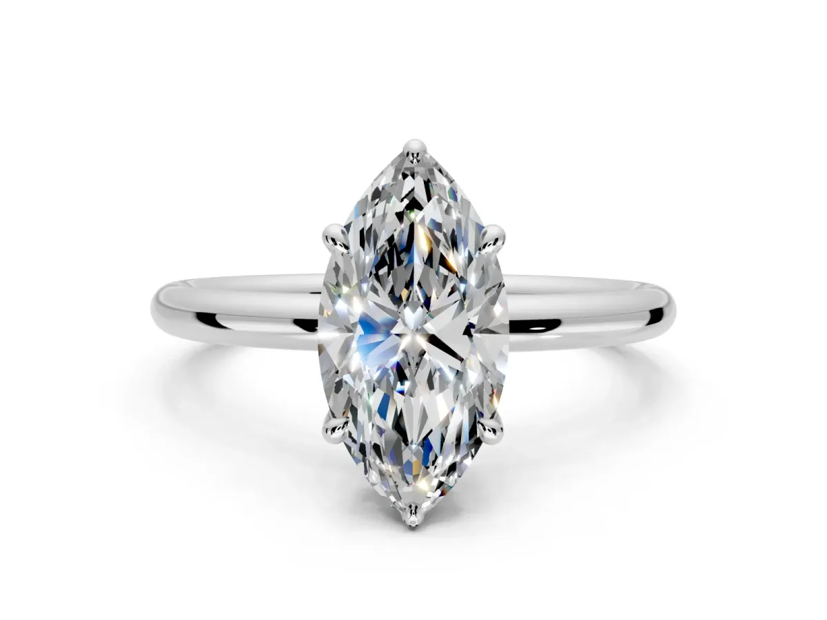 Hidden Halo Engagement Ring Setting for Marquise Center with Thin Rounded Band and Prong Head in Sterling Silver