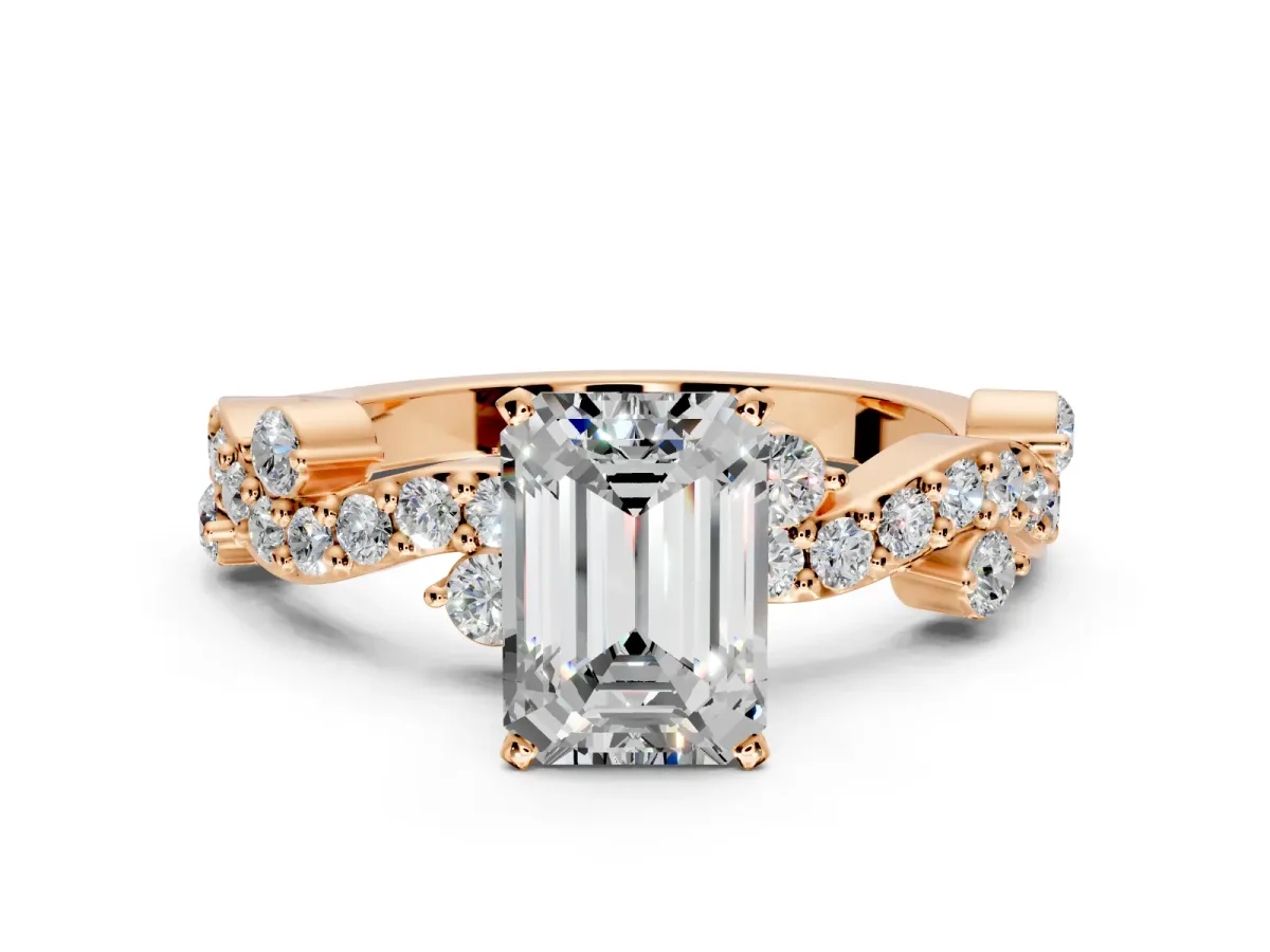Solitaire Engagement Ring Setting for Emerald Cut Center with Bar-Station Pave Twist and Prong Head in Rose Gold