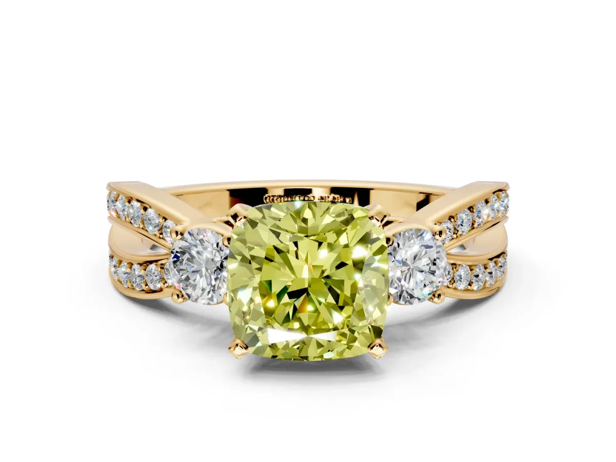 3 Stone Engagement Ring Setting for Fancy Yellow Cushion Cut Center with Pave Twist Band and Prong Head in Yellow Gold