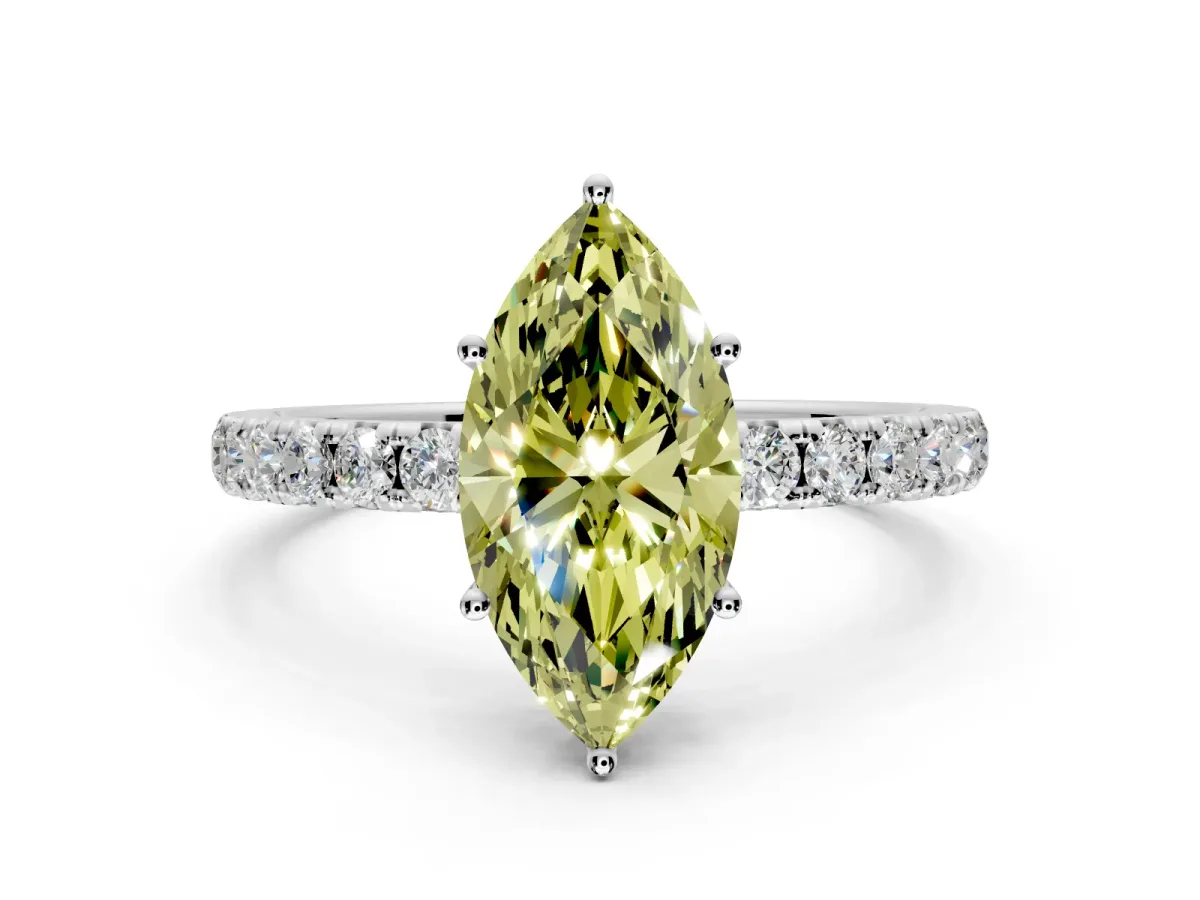 Solitaire Engagement Ring Setting for Fancy Yellow Marquise Center with Large Accent Band and Prong Head in Sterling Silver